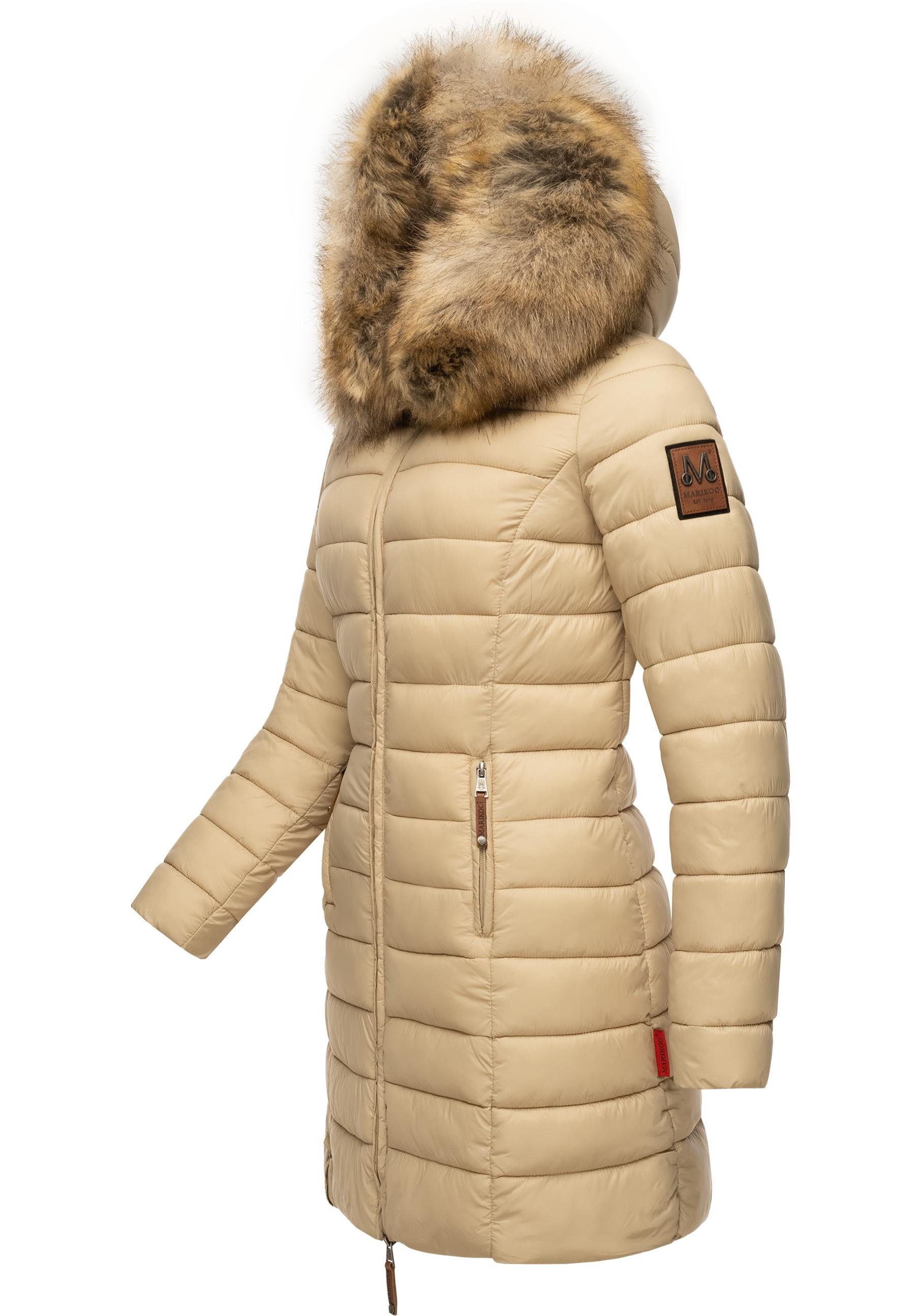 großer Kunstfellkapuze Marikoo Steppmantel beige zeitloser Rose-Stepp Winterparka mit