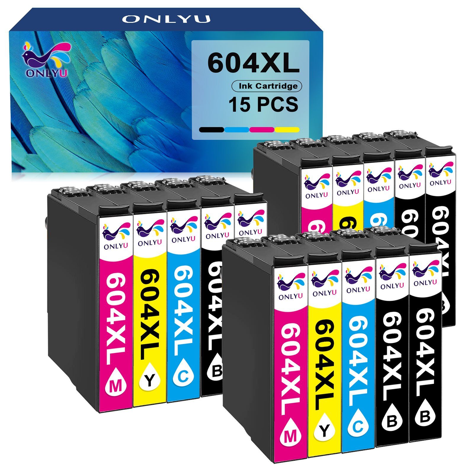 ONLYU 15PK 604 Druckerpatronen ersetzt für Epson 604XL Tintenpatrone (Schwarz/Cyan/Magenta/Gelb für Epson WF-2910DWF WF-2930DWF WF-2935DWF WF-2950DWF, XP-2200 XP-2205 XP-3200 XP-3205 XP-4200 XP-4205 XP-4250)