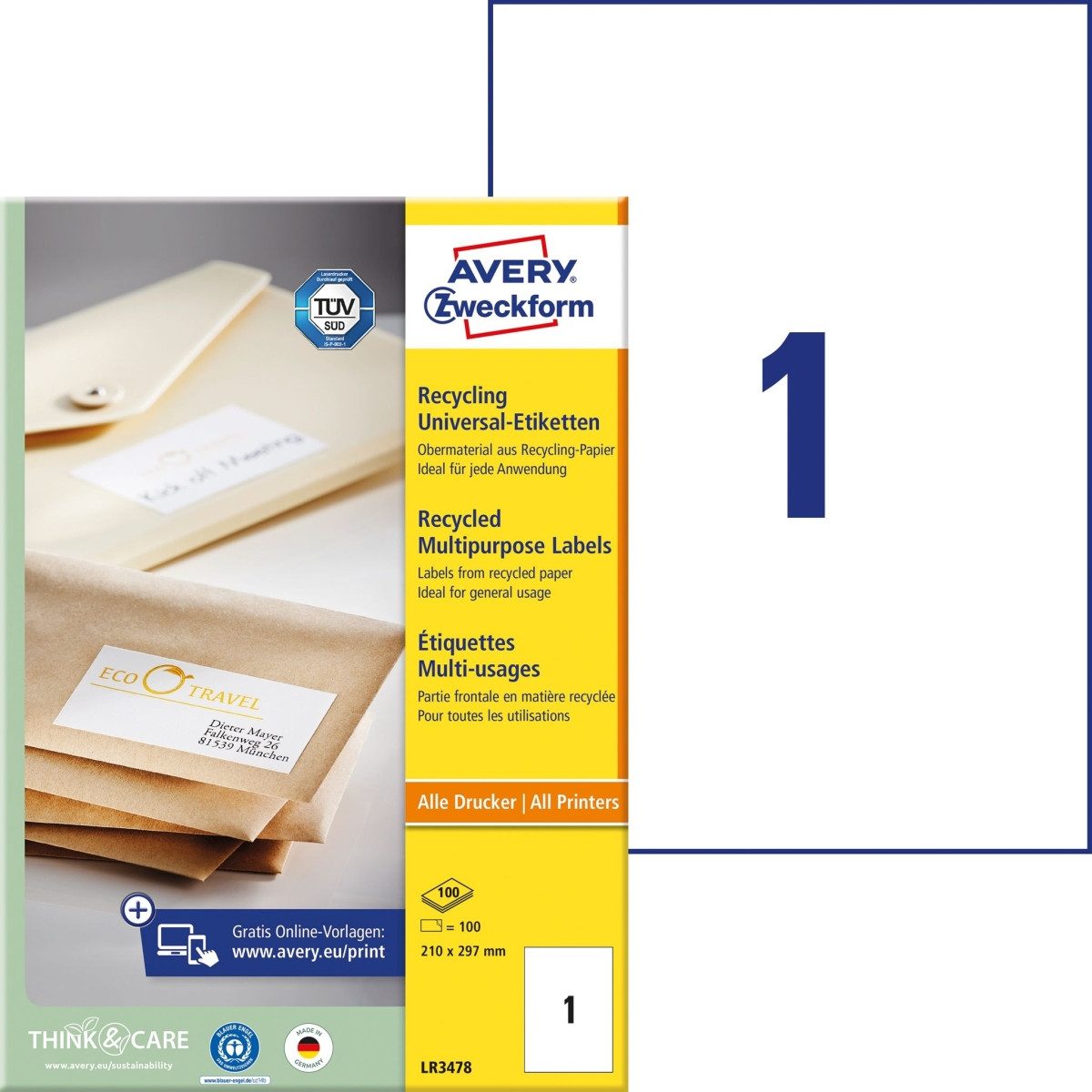 Avery Zweckform Etiketten Universal-Etiketten 210x297mm Recycling naturweiß VE=100 Stück