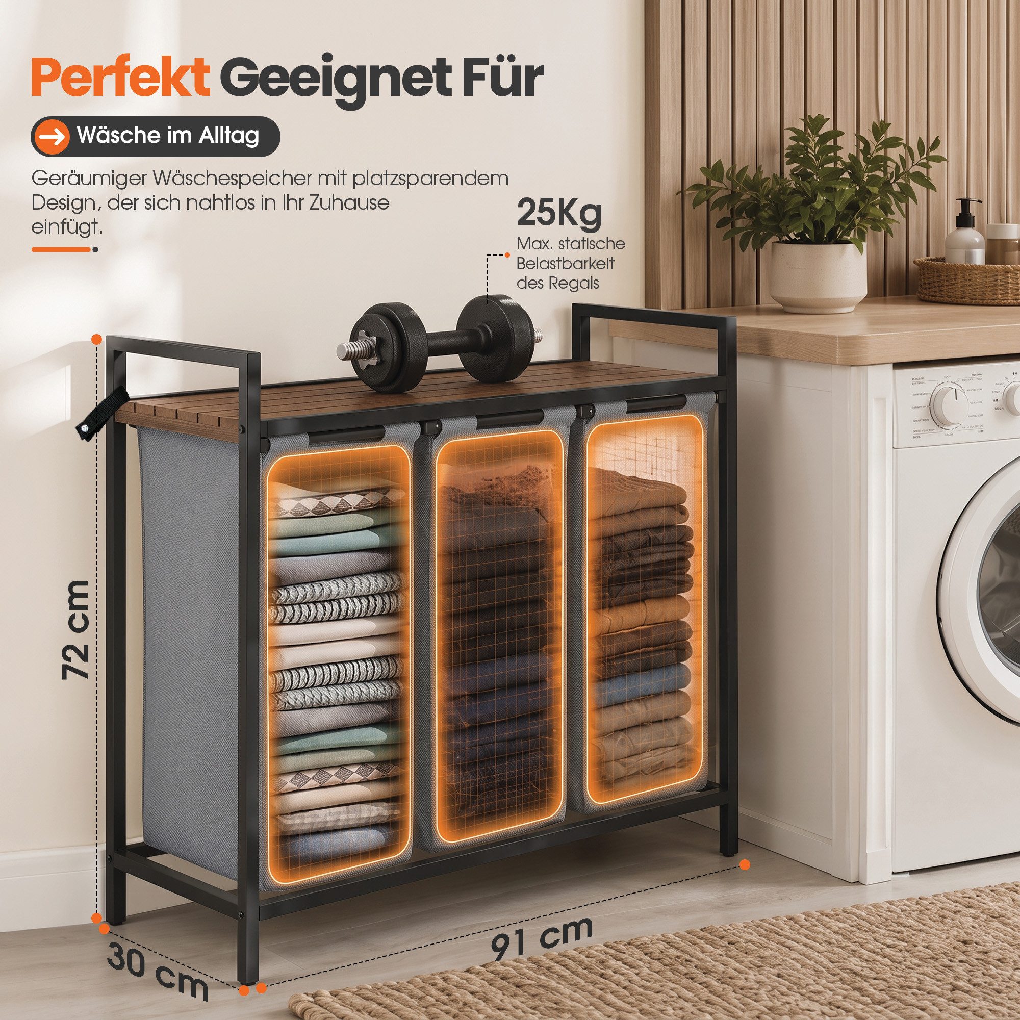 Roxlin Wäschekorb Wäschekorb 3 Fächer – Wäschesammler mit Deckel & Ablage – Bild 2 von 5