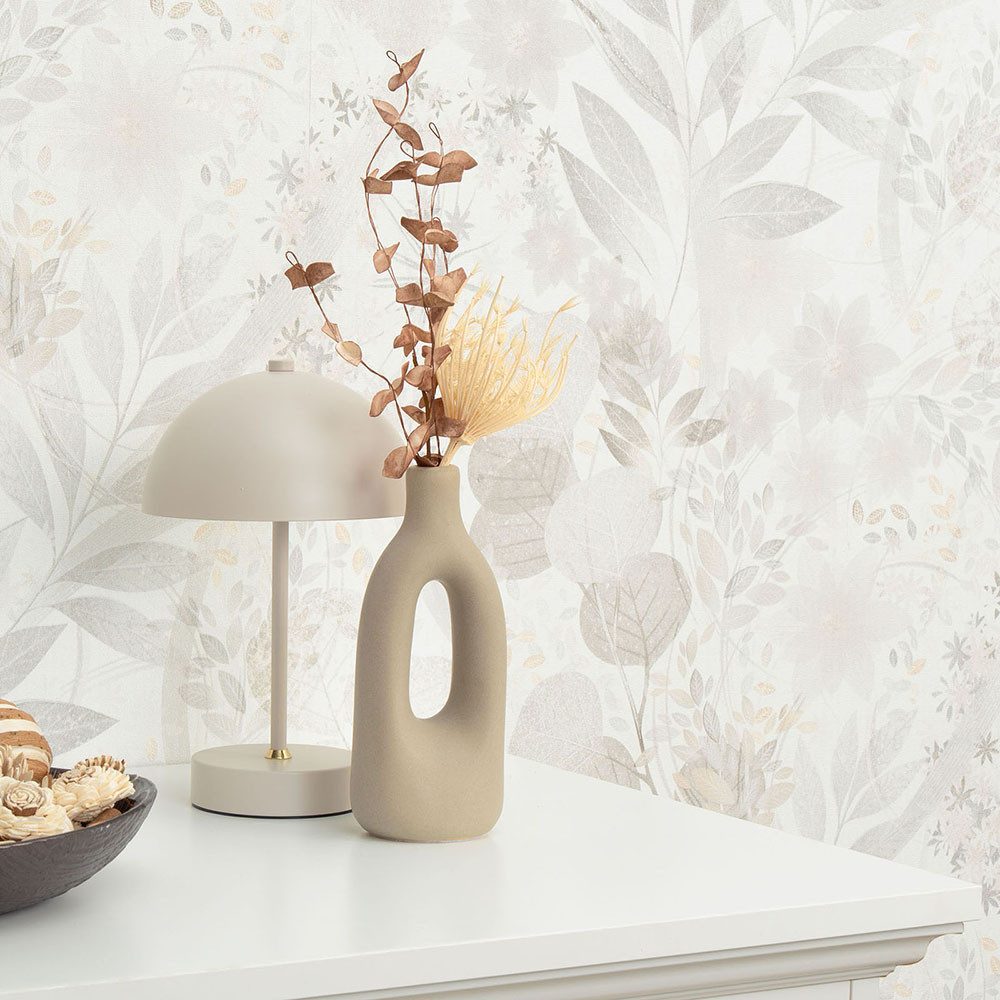 Vliestapete Blumen Blätter Aquarelloptik Weiß Grau Beige 10506-31