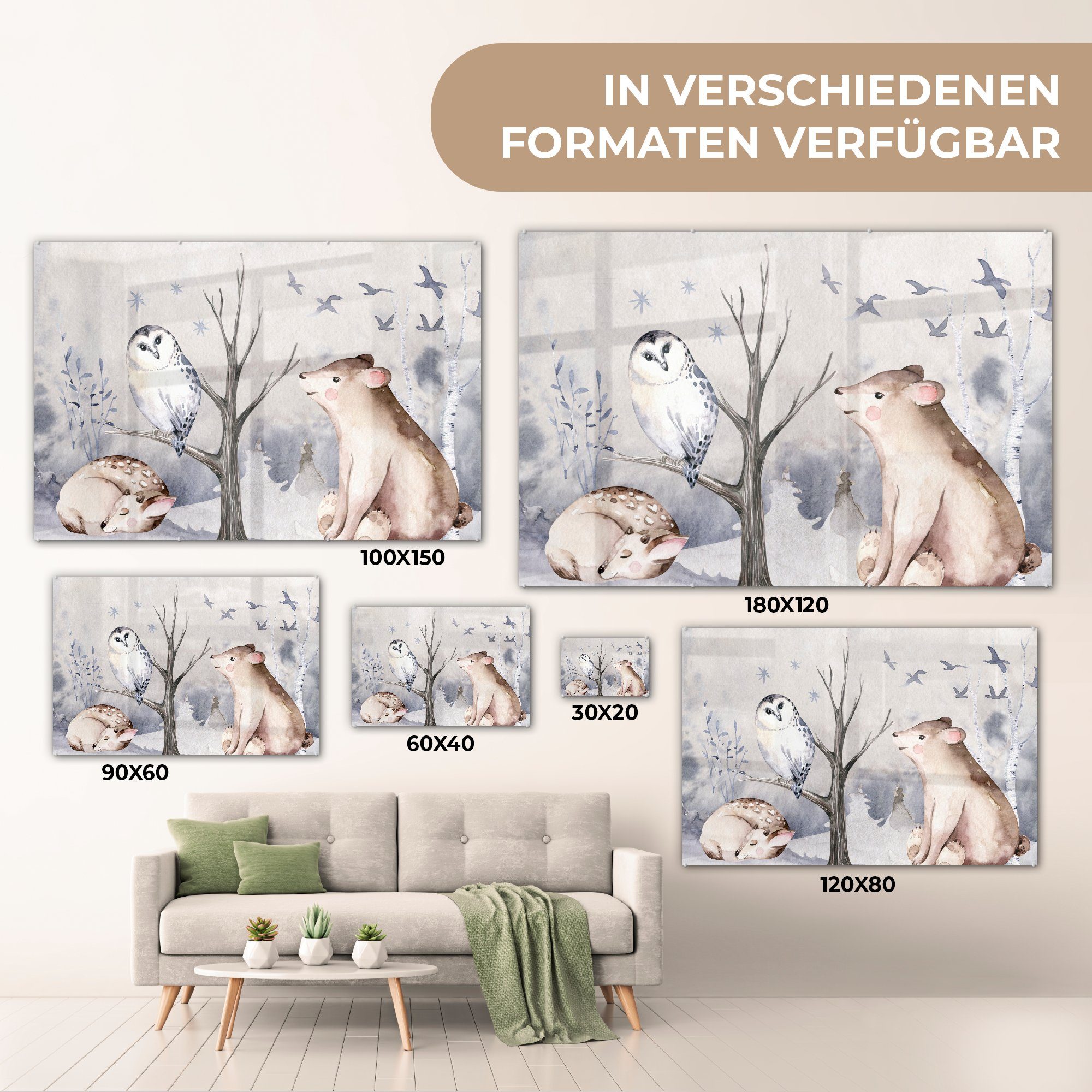 MuchoWow Acrylglasbild - Winter Acrylglasbilder Wohnzimmer & - (1 Schlafzimmer Bär, St), Hirsch - Eule