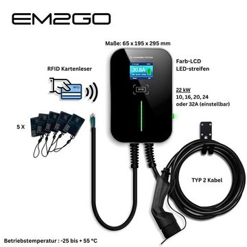 EM2GO Stationär Elektroauto-Ladestation AC Wallbox 22kW 7.5m Typ 2 Kabel + RFID-Kartenleser + CEE-Kabel, 22,00kW / 32A, 1-phasig, 3-phasig