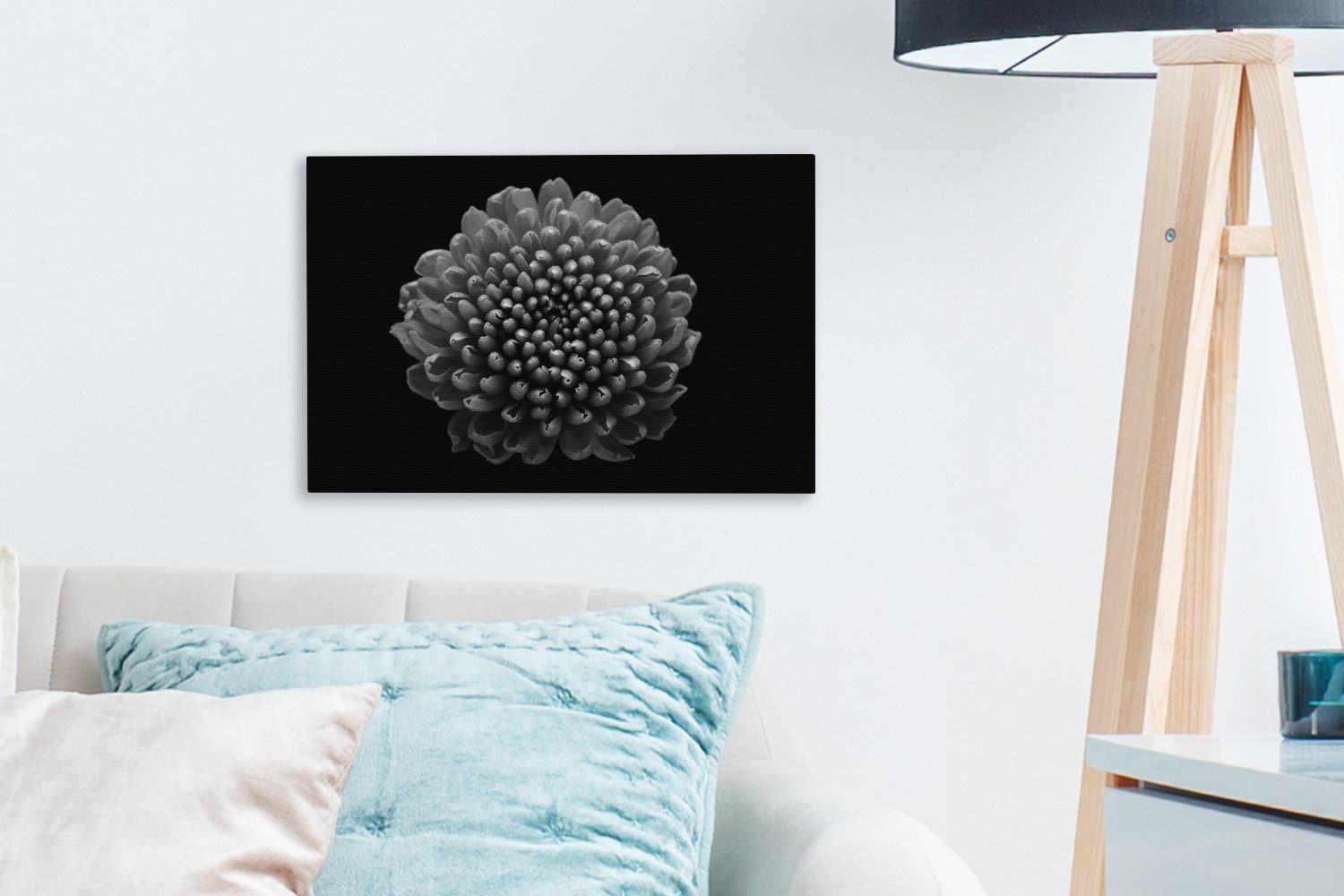 Leinwandbilder, Leinwandbild (1 Hintergrund - cm 30x20 und Wandbild schwarzem Wanddeko, auf St), Chrysantheme OneMillionCanvasses® weiß, schwarz bunt Blume Eine Aufhängefertig,