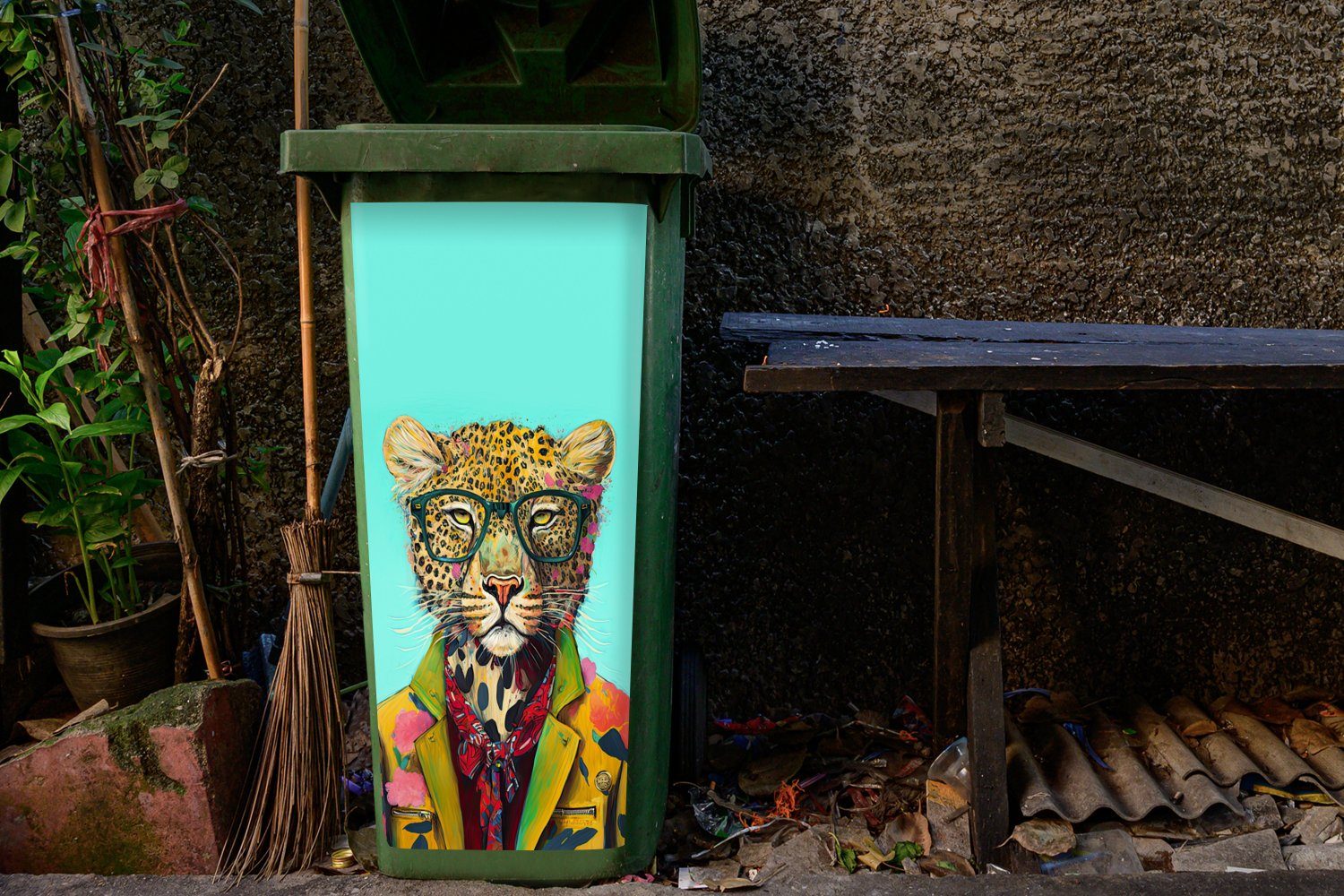 MuchoWow Wandsticker Tier Schleife Leopard Mülleimer-aufkleber, - Mülltonne, - (1 Brille - Container, Sticker, Abfalbehälter St), - Design