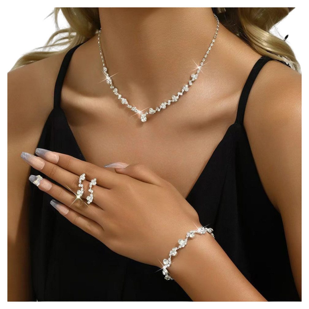 Zaewry Schmuckset Brautschmuck-Set: Wellenförmige Halskette, Ohrringe und Armband, geeignet für Hochzeiten, Bälle und Partys