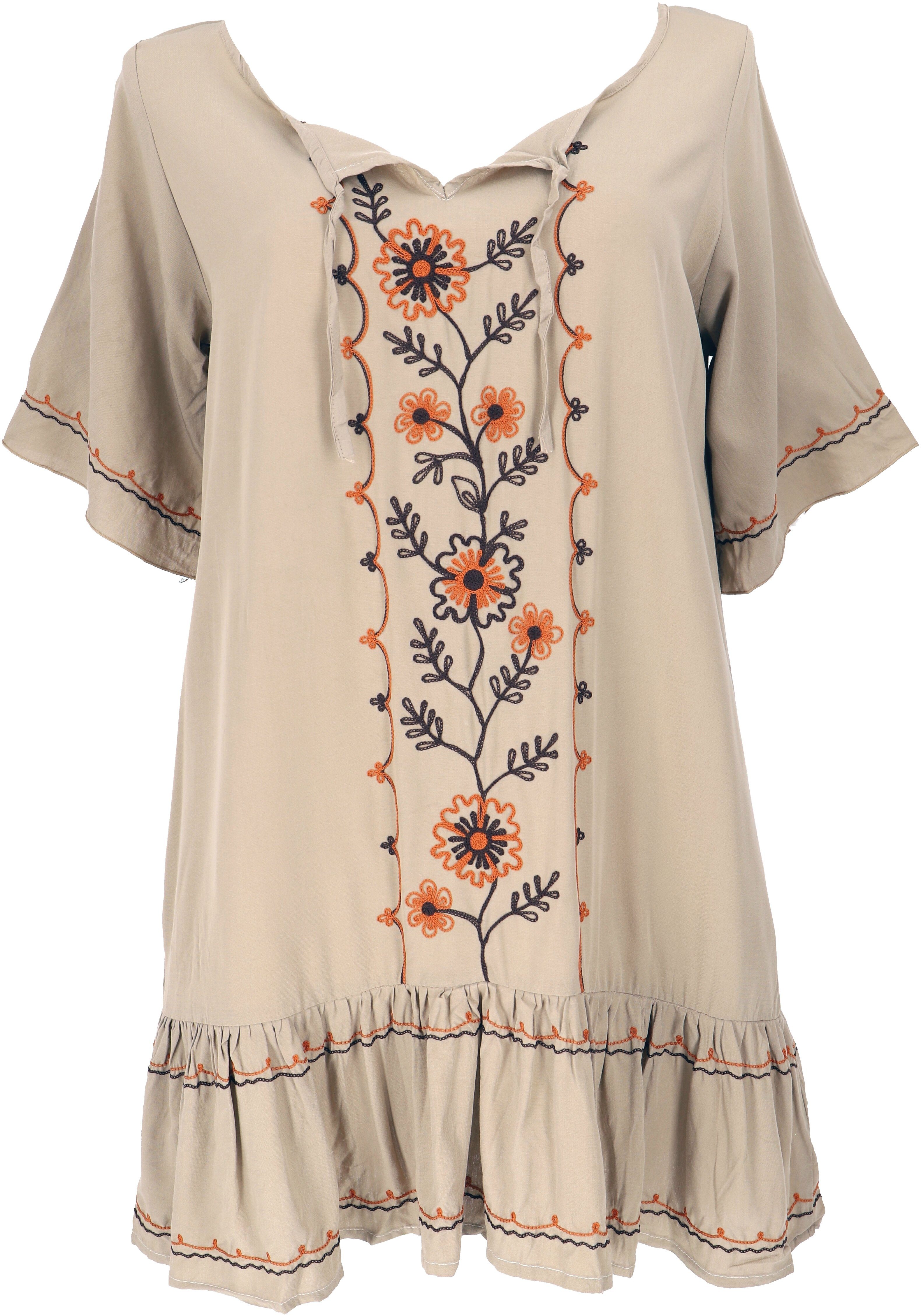 Guru-Shop Midikleid Bestickte Hippie Tunika, Boho Strandkleid,.. alternative Bekleidung beige