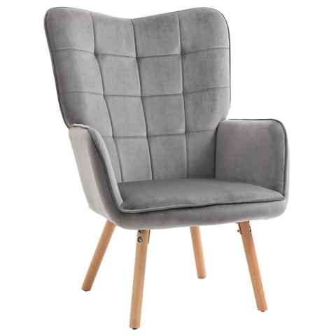 HOMCOM Relaxsessel Sessel im Retrodesign, Lesesessel, Samtoptik; 71 cm x 76 cm x 101 cm (Set, 1-St., Essstuhl), Sessel mit Rückenlehnen, Buchenholz, Grau Natur 71 x 76 x 101 cm