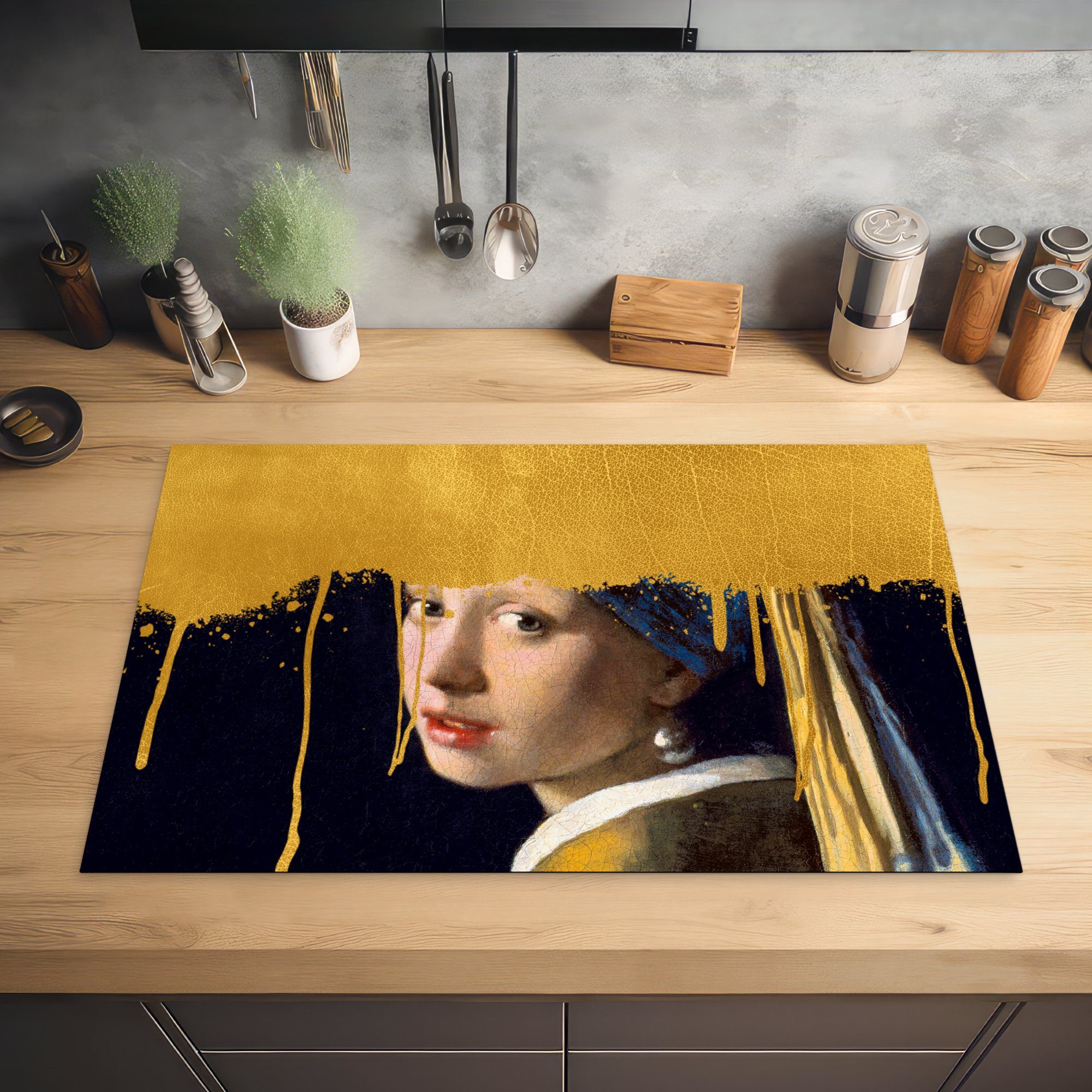 MuchoWow Herdblende-/Abdeckplatte Gold 81x52 Ceranfeldabdeckung Vermeer, cm, einem für küche, tlg), Vinyl, Induktionskochfeld Mädchen (1 Perlenohrring Schutz - mit die 