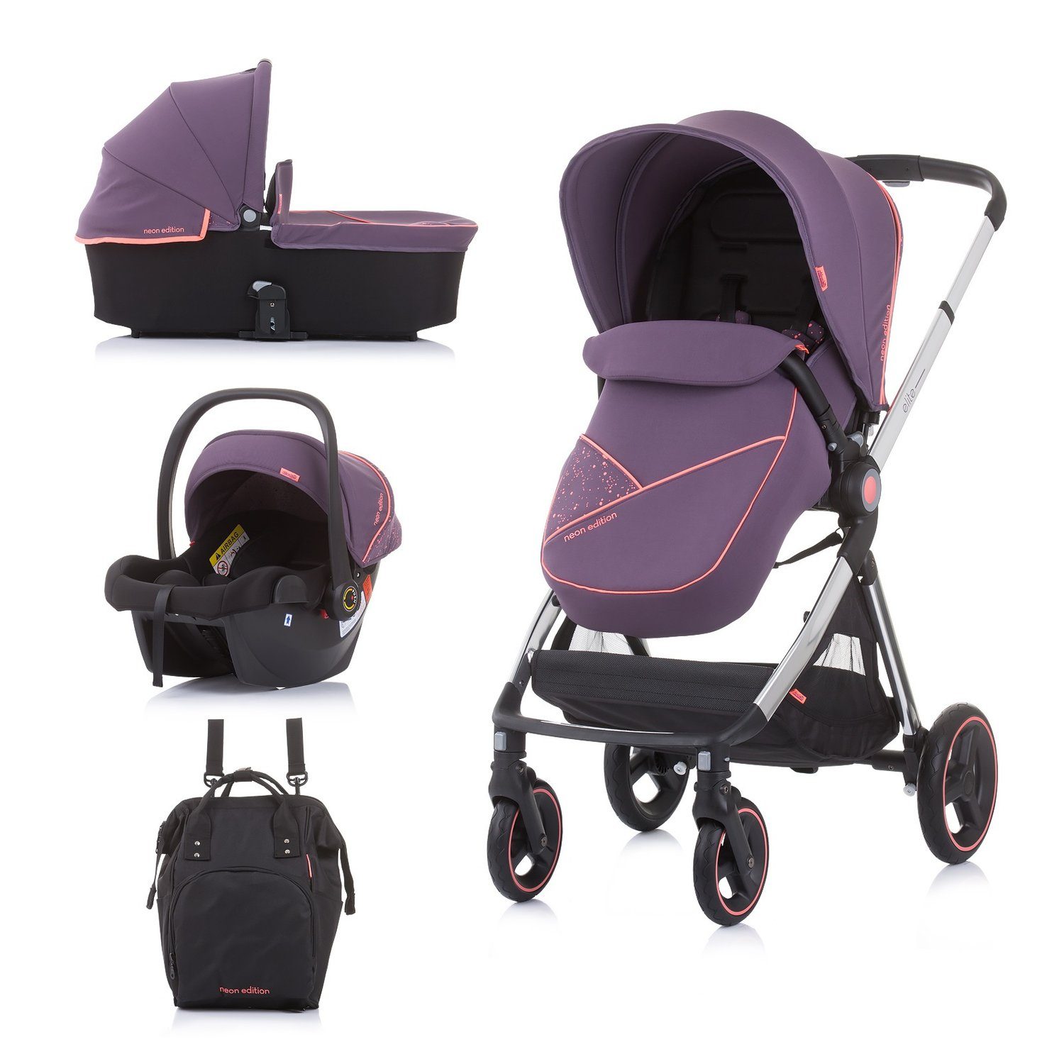 Chipolino Kombi-Kinderwagen Kinderwagen Elite 3 in 1, Autositz, klappbar, Tragetasche, Sportsitz lila