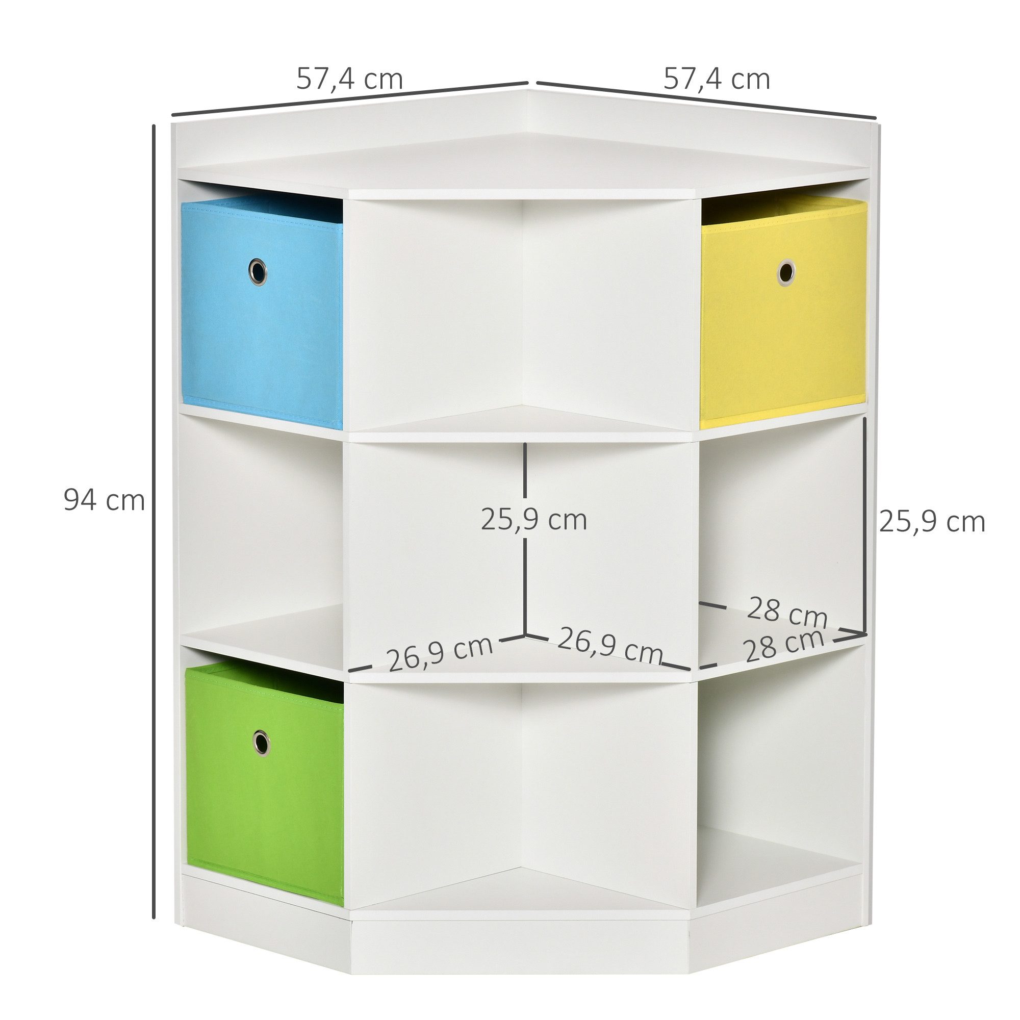 HOMCOM Kinderregal Bücherregal Kinderzimmerregal, 7 offene Fächer, Kindergarten, Eckregal mit 3 Aufbewahrungsboxen 1-tlg., für Kinderzimmer, für 3-12 Jahre Kind – Bild 3 von 5