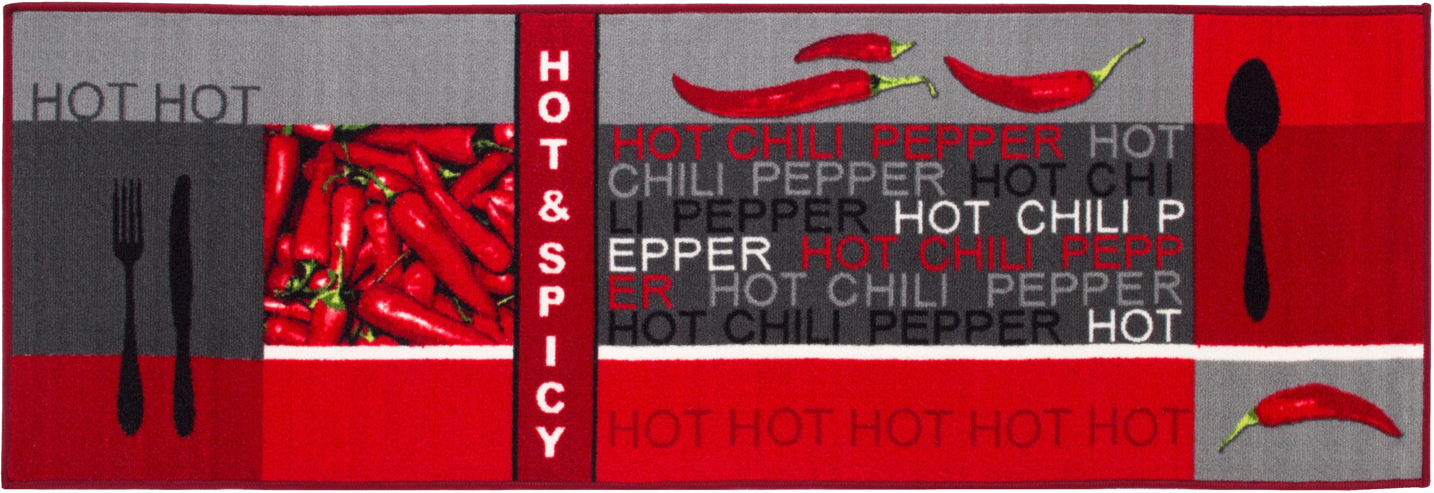 Küchenläufer Hot Pepper, Peperoni/Chili, rot 5 mm, Motiv Andiamo, waschbar rechteckig, mit Schriftzug, Küche, Höhe