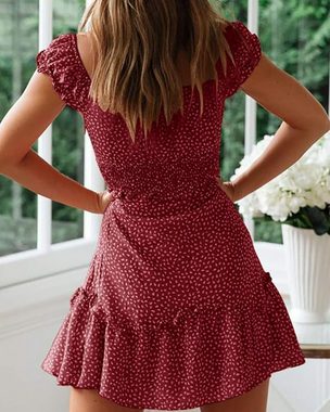ZWY Dirndlbluse Sommerkleider mit Blumenmuster, gerüschte Kleider Hohe Taille, Vintage Mini Dress, Strandkleider
