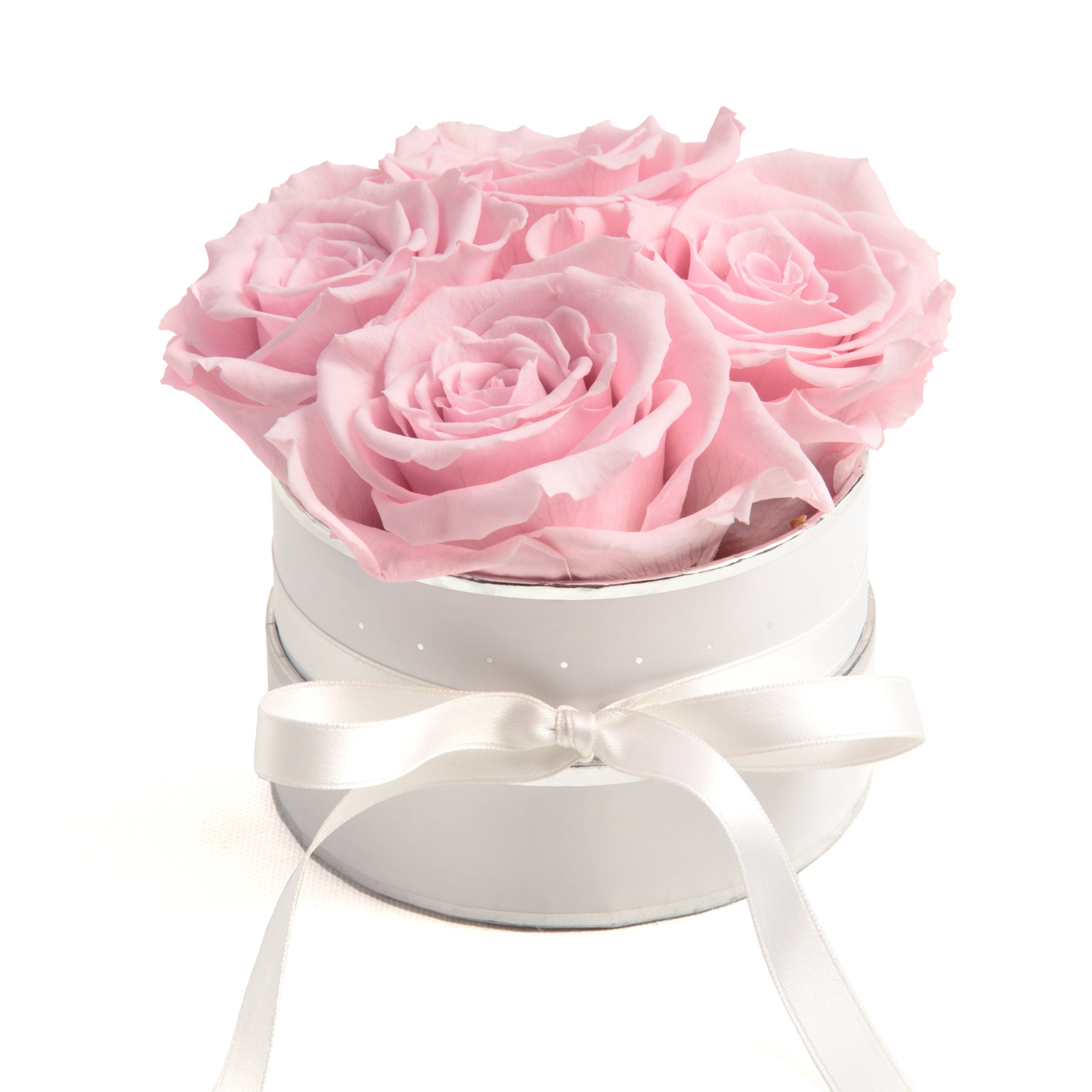 Kunstblume Infinity Rosenbox Rosen ROSEMARIE Heidelberg, cm, weiß SCHULZ 10 Höhe Rosen 3 haltbar Jahre echte inklusiv konservierte 4 Rose, Geschenkbox Rosa rund