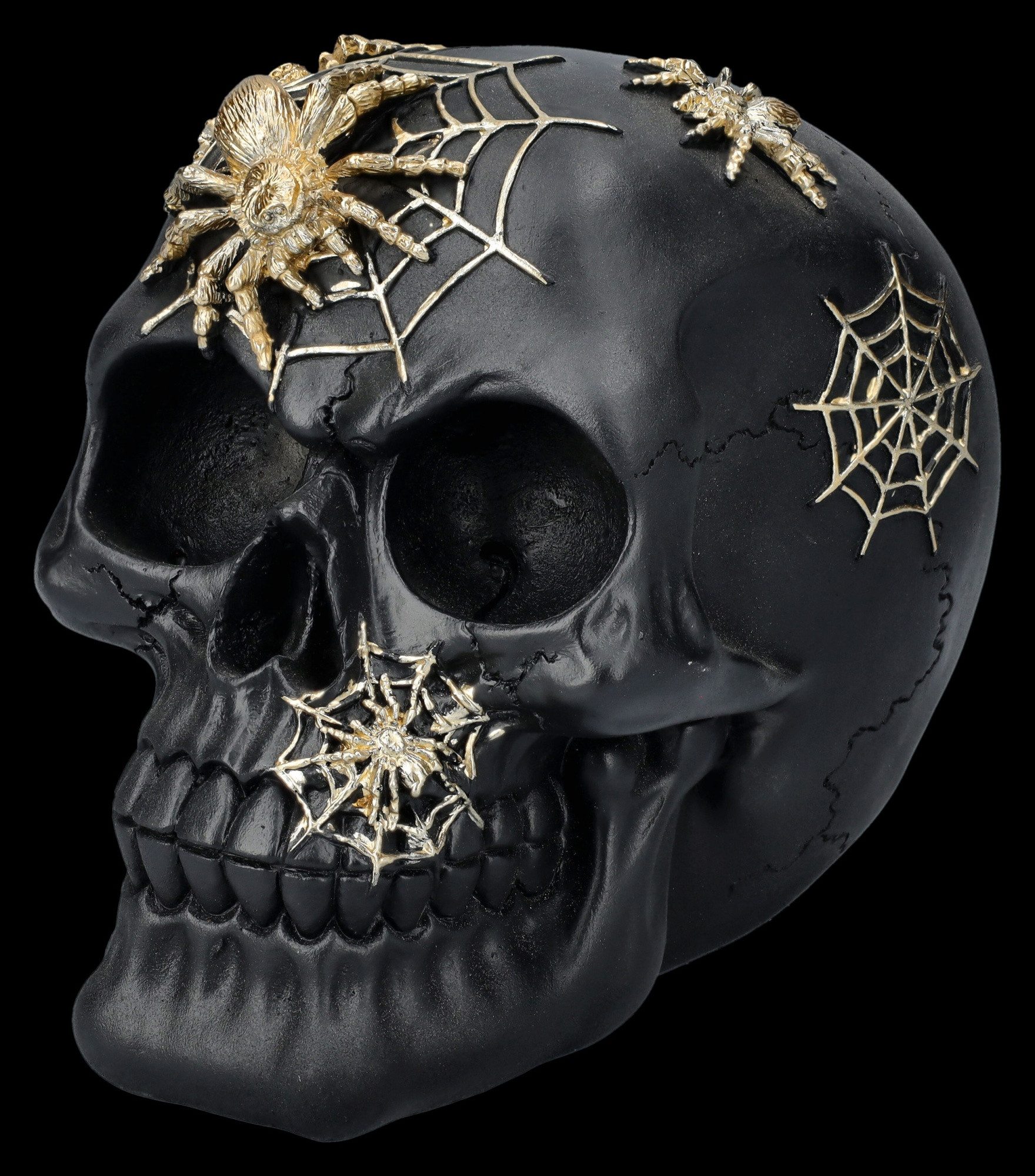 Figuren Shop GmbH Dekofigur Totenkopf Figur schwarz-gold mit Spinnen - Goth günstig online kaufen