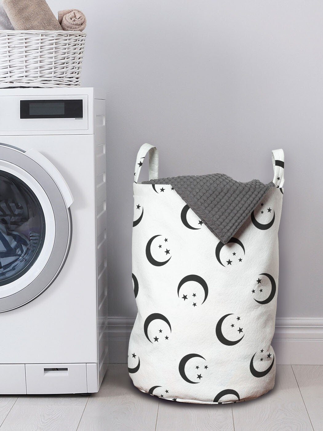 Abakuhaus Wäschesäckchen Wäschekorb mit Griffen Halbmond Crescent für Kordelzugverschluss Sterne Waschsalons, Einfache
