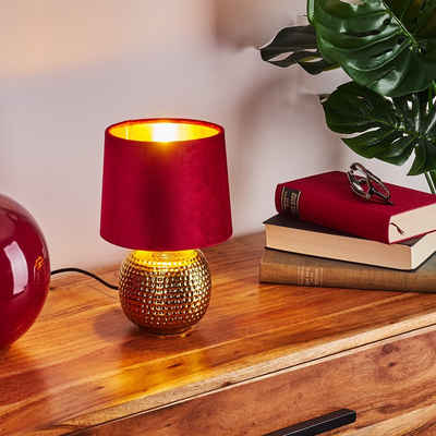 hofstein Tischleuchte »goldfarbene Keramik Nacht Tisch Lese Lampe Samt Rot Wohn Schlaf Zimmer Leuchten«