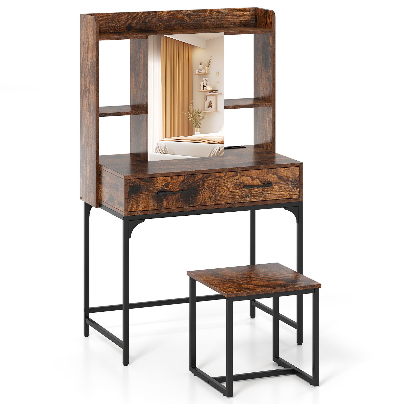COSTWAY Schminktisch (1-St), Kosmetiktisch-Set mit Hocker, Spiegel, Schubladen
