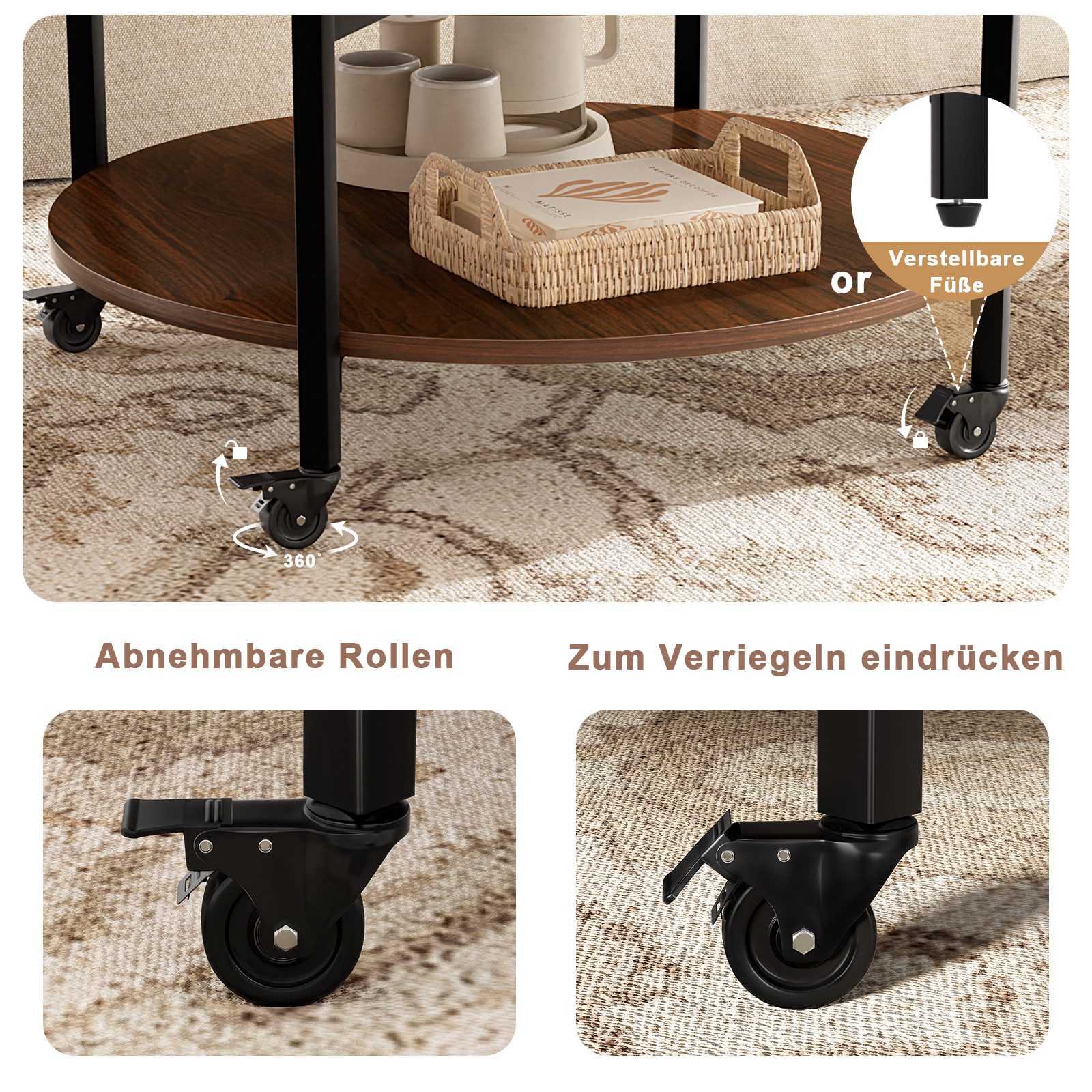 FABATO Couchtisch Runder Couchtisch mit Höhenverstellung, Rädern und Staufach (1-St), ideal für Wohnzimmer, in Braun