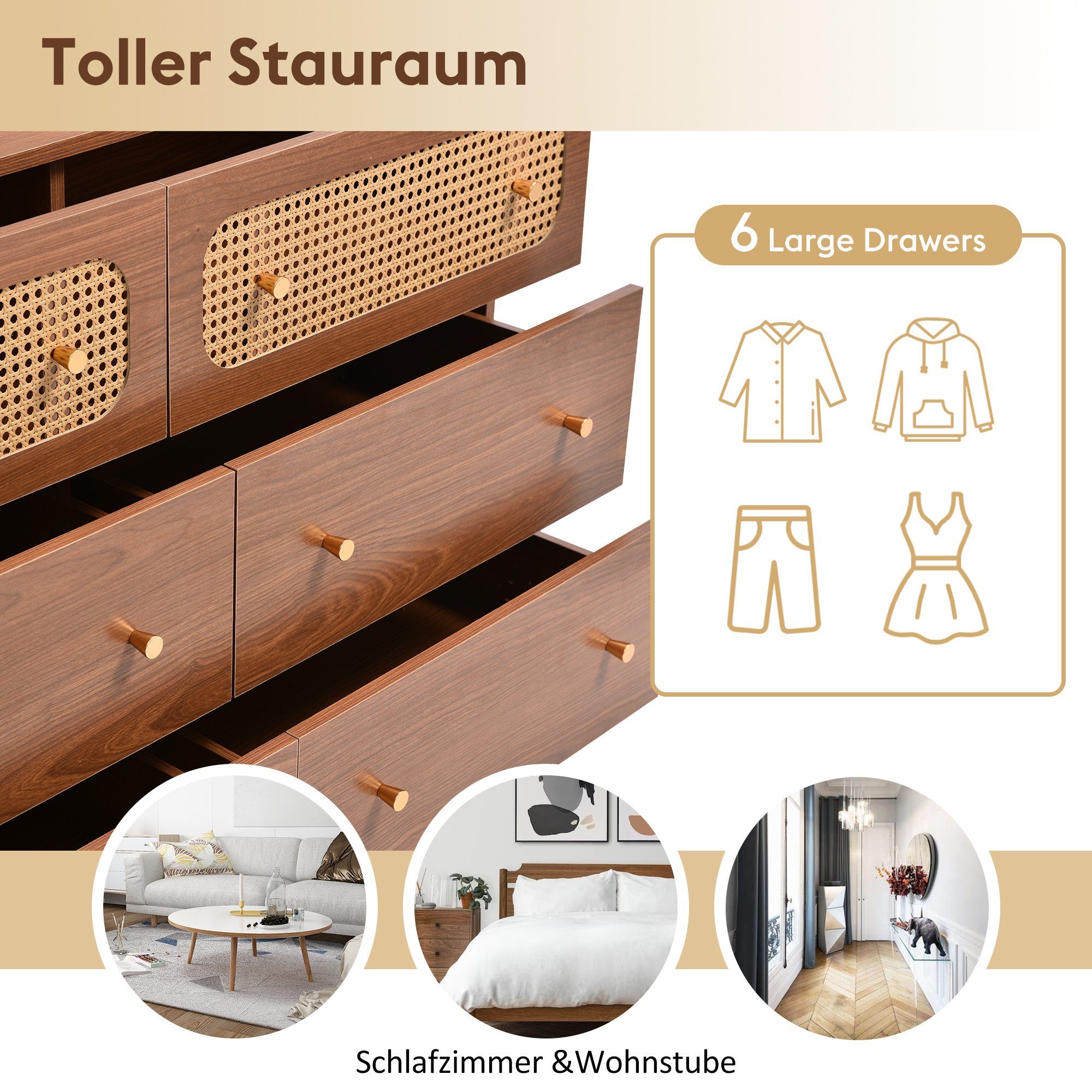 Merax Kommode Rattan geflecht,Highboard, Sideboard mit Schubladen, Schubkastenkommode