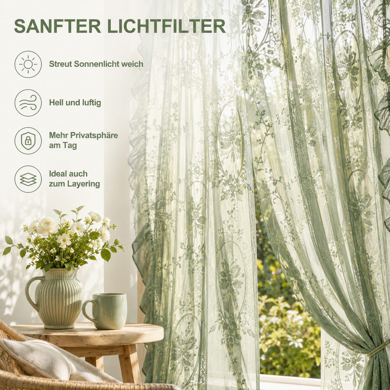LMaxhome Gardine Vintage Gardinen 2er Set mit Rüschen, florale Spitze & Voile, Leichter Polyester Store für Schlafzimmer, Pavillon & Terrasse