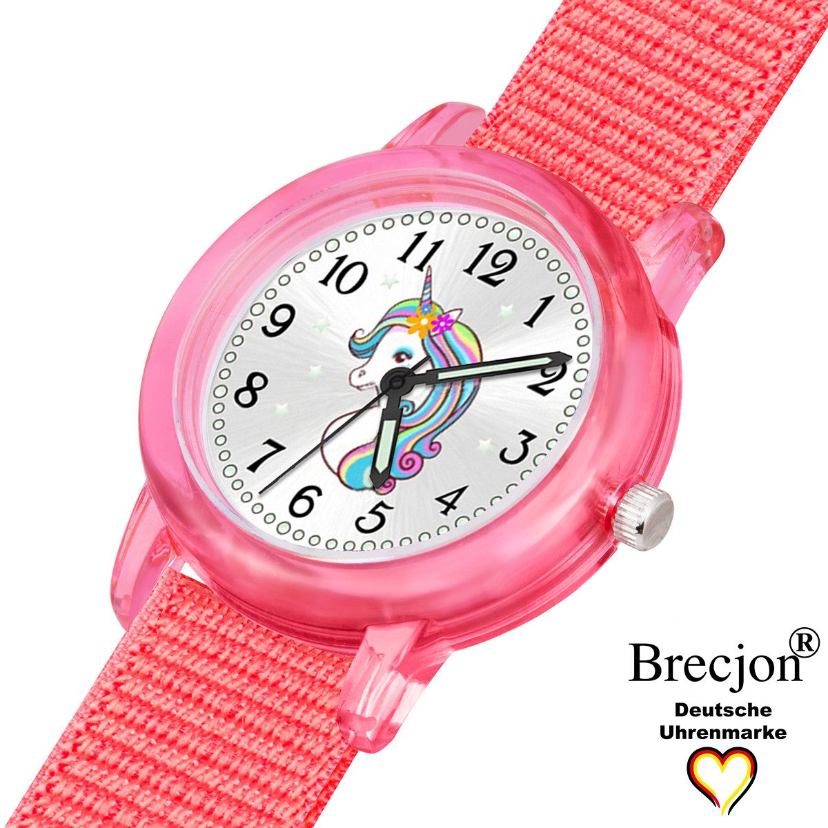 Brecjon Quarzuhr Armbanduhr Mädchen Einhorn Kunststoff Klettarmband nachhaltig, Ideal als Geschenk zur Einschulung für Lernstarter im Set oder einzeln