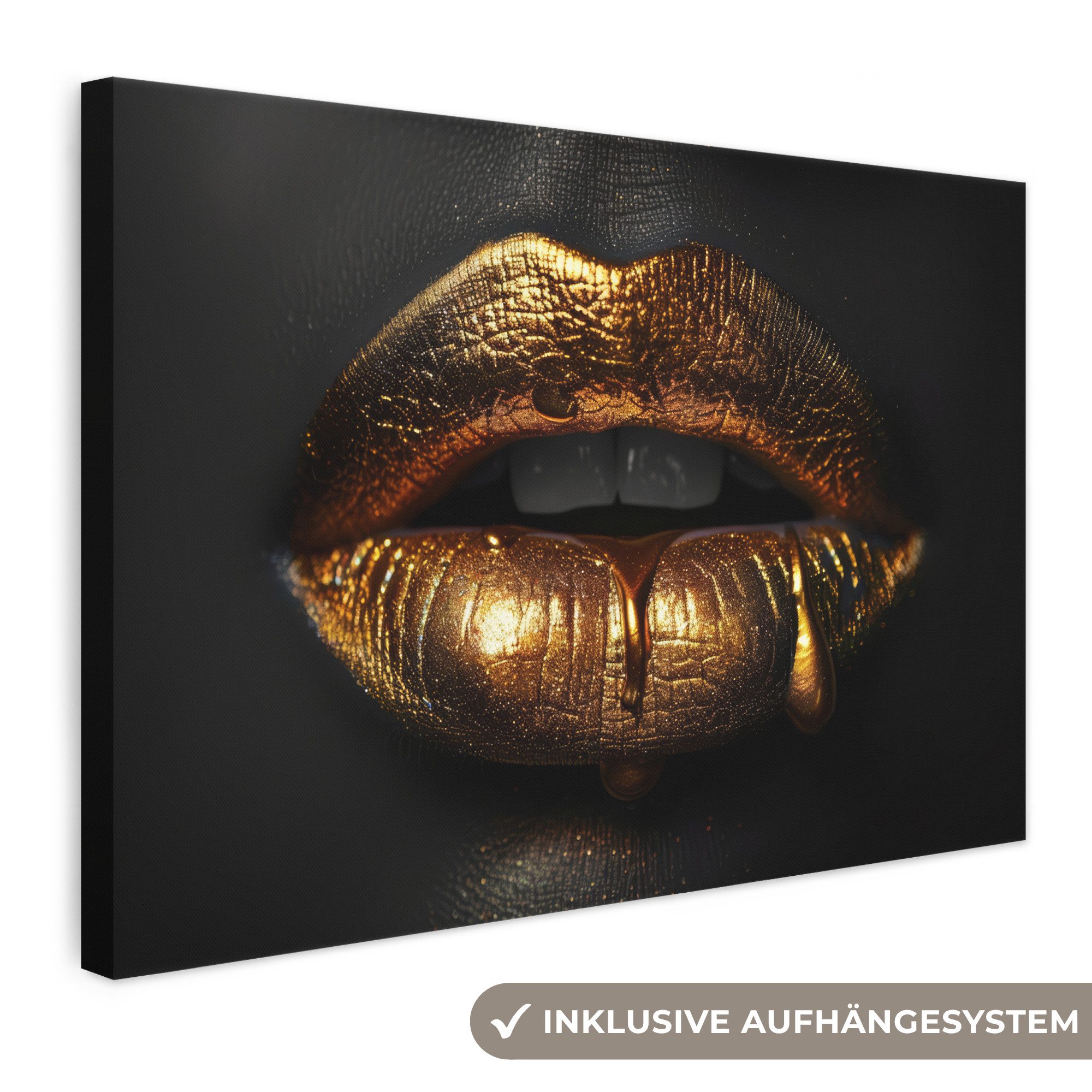 OneMillionCanvasses® Leinwandbild Lippen - Gold - Abstrakt - Schwarz - Ästhetisch, Fotodruck (1 St), Leinwand Bilder Klein, Wand Dekoration Aesthetic 30x20 cm