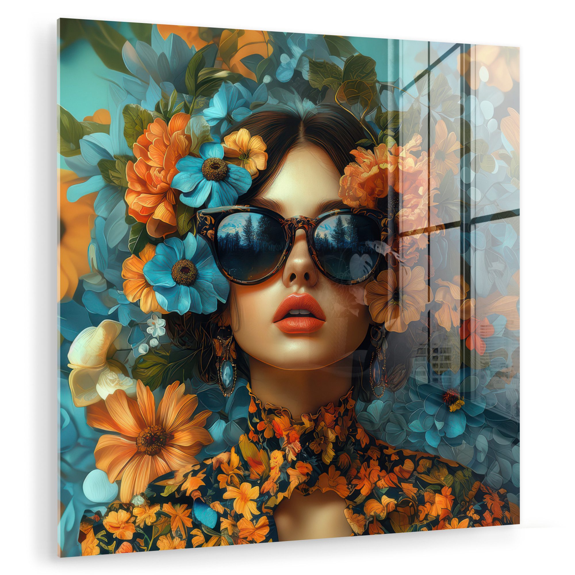 MuchoWow Acrylglasbild Frau - Blumen - Orange - Blau - Modern, Inkl. Aufhängung, Bilder auf Glas Wandbild, Wanddeko Wohnzimmer Badezimmer, 20x20 cm