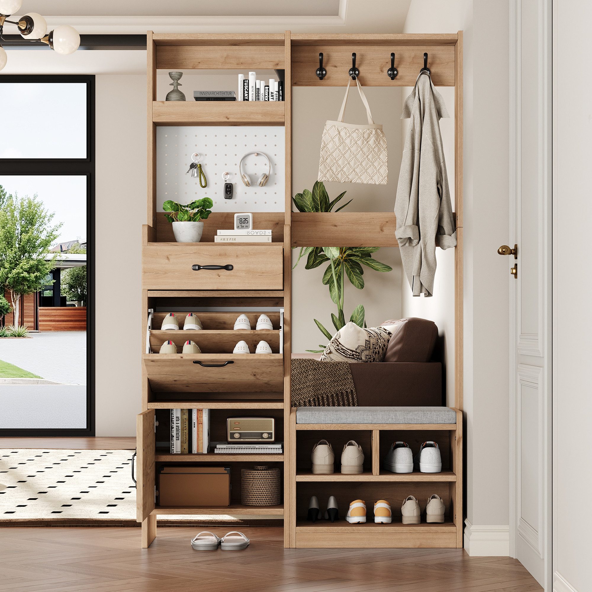 Flieks Garderoben-Set mit Schuhschrank, Sitzbank, 4 Haken, Pegboard, Klappen & Schubladen, (B108,5xT35xH180 cm, 1-St., Holzoptik), Garderobenständer mit Schuhregal, Sitzkissen und Kleiderstange