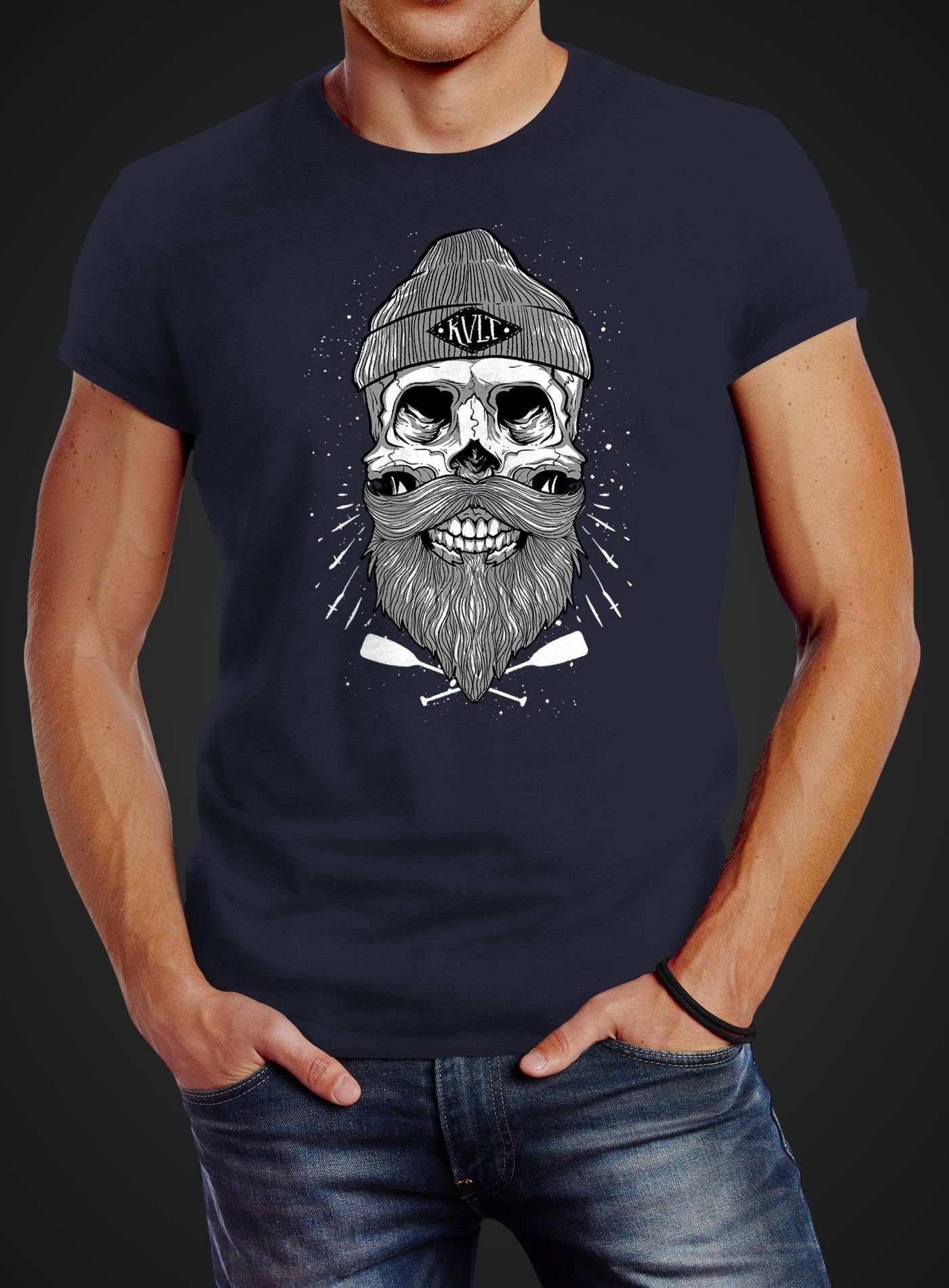 Bart mit Print Print-Shirt Beard Fit navy Neverless® Herren Slim Kapitän Skull Captain T-Shirt Neverless Totenkopf