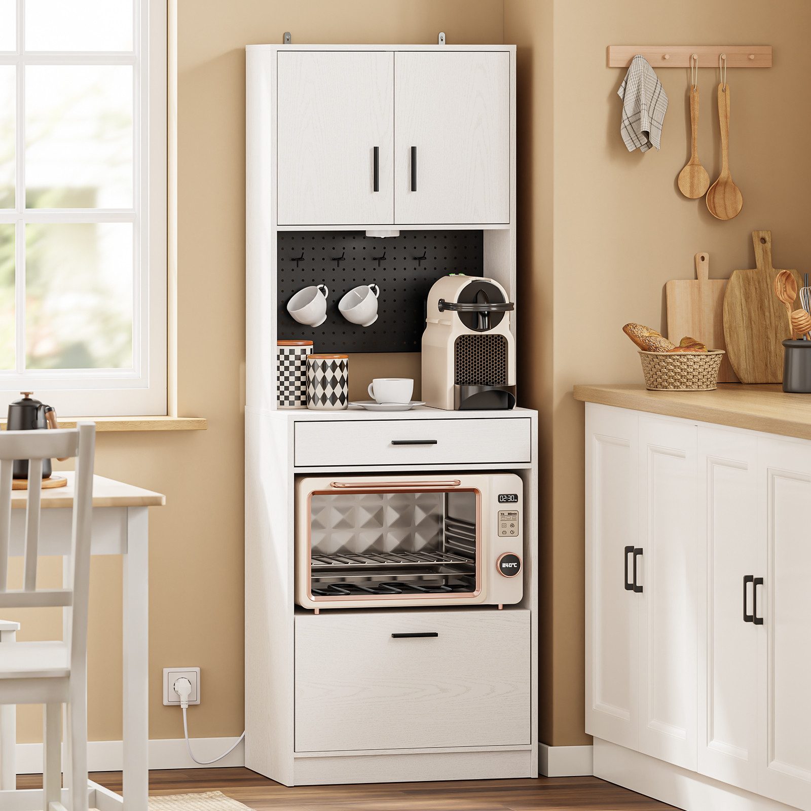 SoBuy Sideboard FSB98-E, Küchenschrank mit Steckdose, Buffetschrank mit Sensorleuchte, Mikrowellenschrank mit 2 USB-Anschlüssen für Küche und Kaffeebar