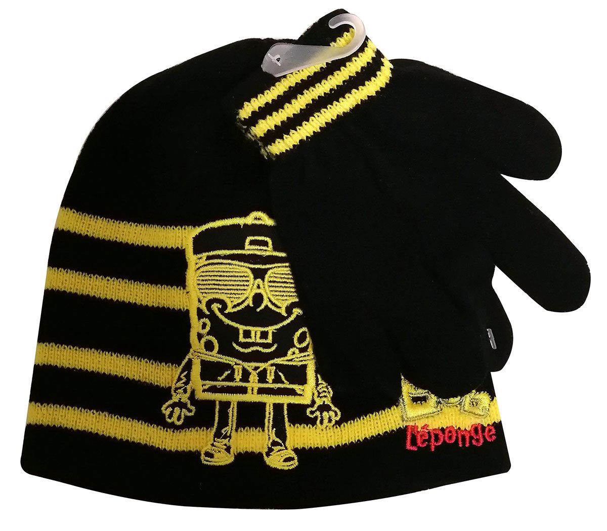 Nickelodeon Strickmütze Spongebob Schwammkopf Mütze und Handschuh Set für Kinder Schwarz/Gelb (Geschenk-Set, Mütze mit Handschuhe)
