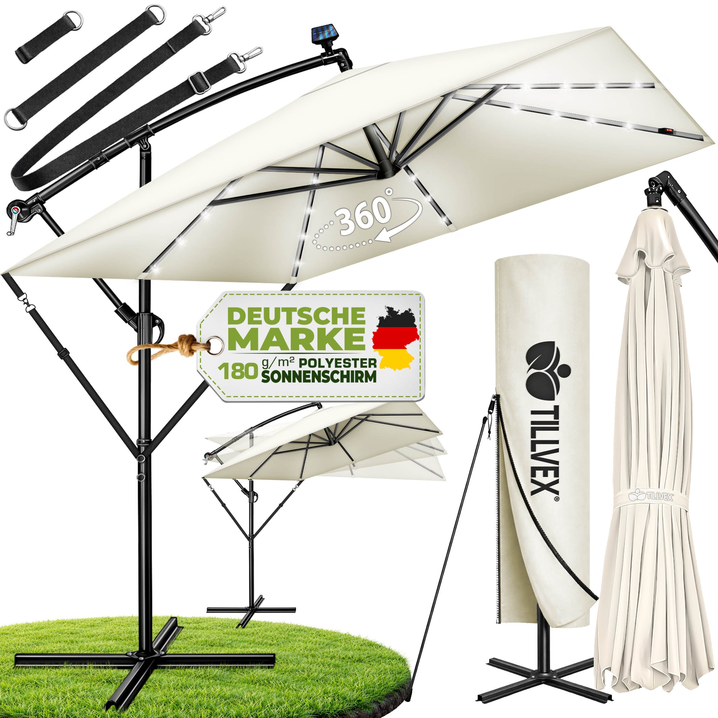 tillvex Sonnenschirm tillvex® Sonnenschirm LED Solar 235 x 235 cm Ampelschirm Gartenschirm, Kurbelschirm Marktschirm wasserdicht 360° drehbar, mit Kurbel & Windschutz Gartenschirm Aluminium, Alu Ampelschirm Ø330 cm Rechteckig mit LED Solar + Abdeckung