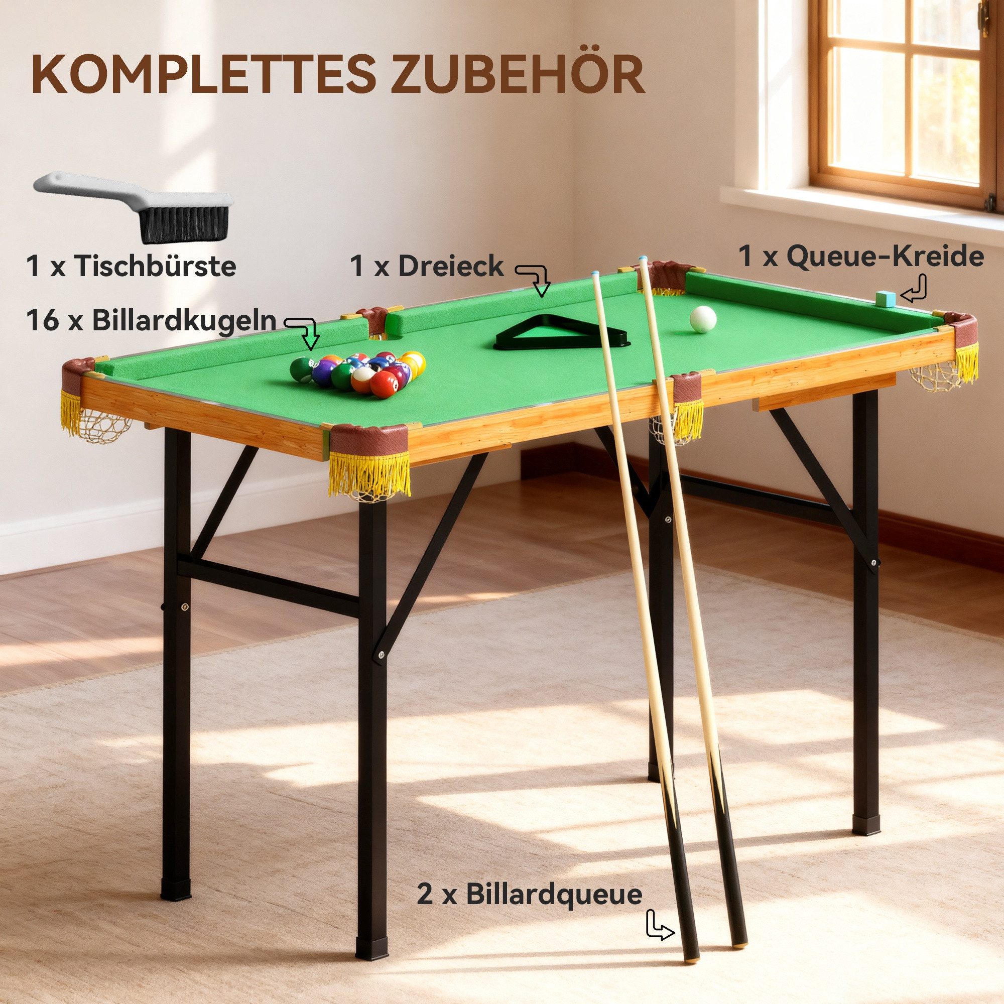 SPORTNOW Billardtisch Billardtisch klappbar Mini Pool Billiard Tisch mit Zubehör, (Spieltisch, 22-tlg), für Zuhause, Grün – Bild 5 von 5