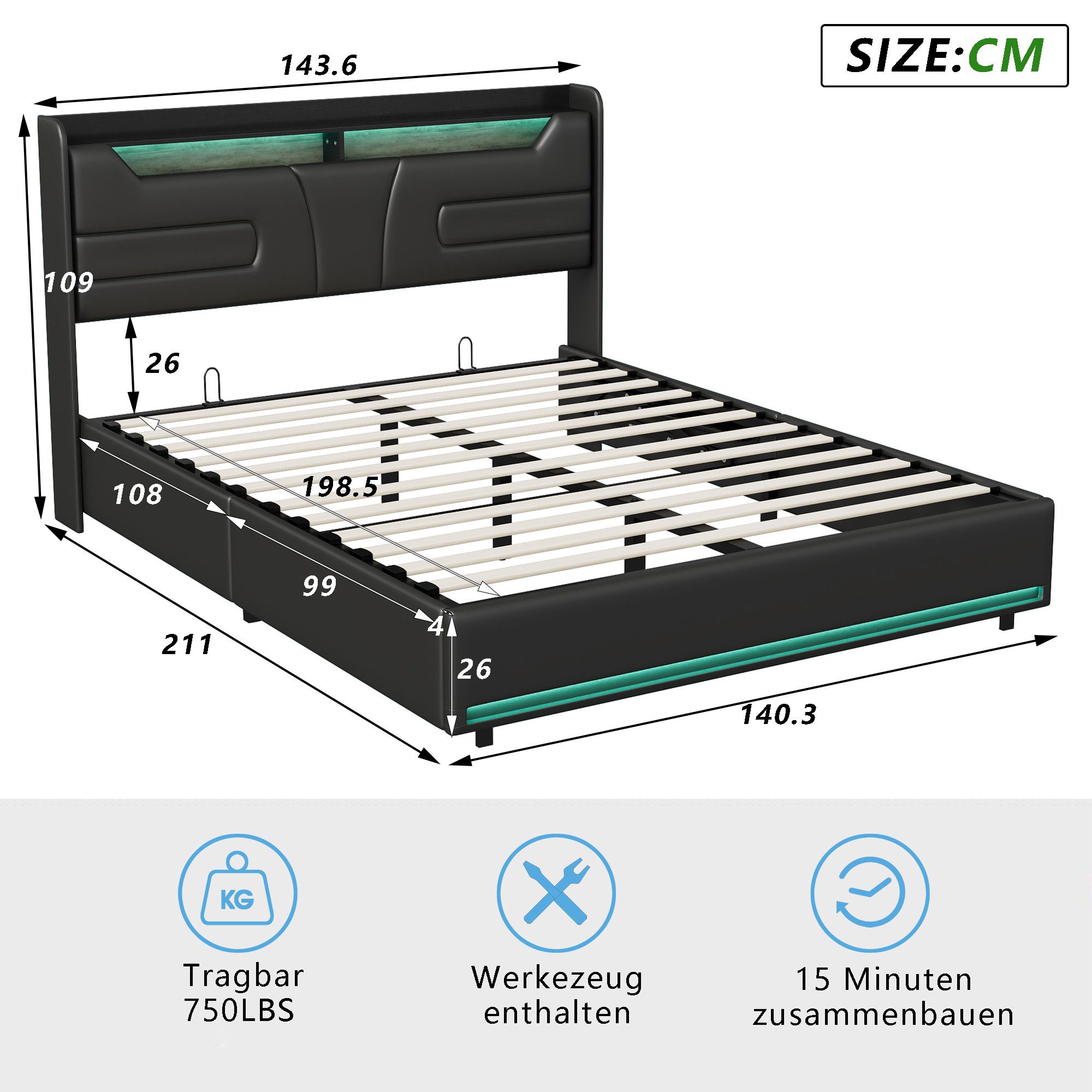 ADWOLT Polsterbett Hydraulisches LED Doppelbett (Set, 1-tlg), 140x200cm Stauraumbett, Ladestation,Kunstleder,Schwarz – Bild 4 von 5