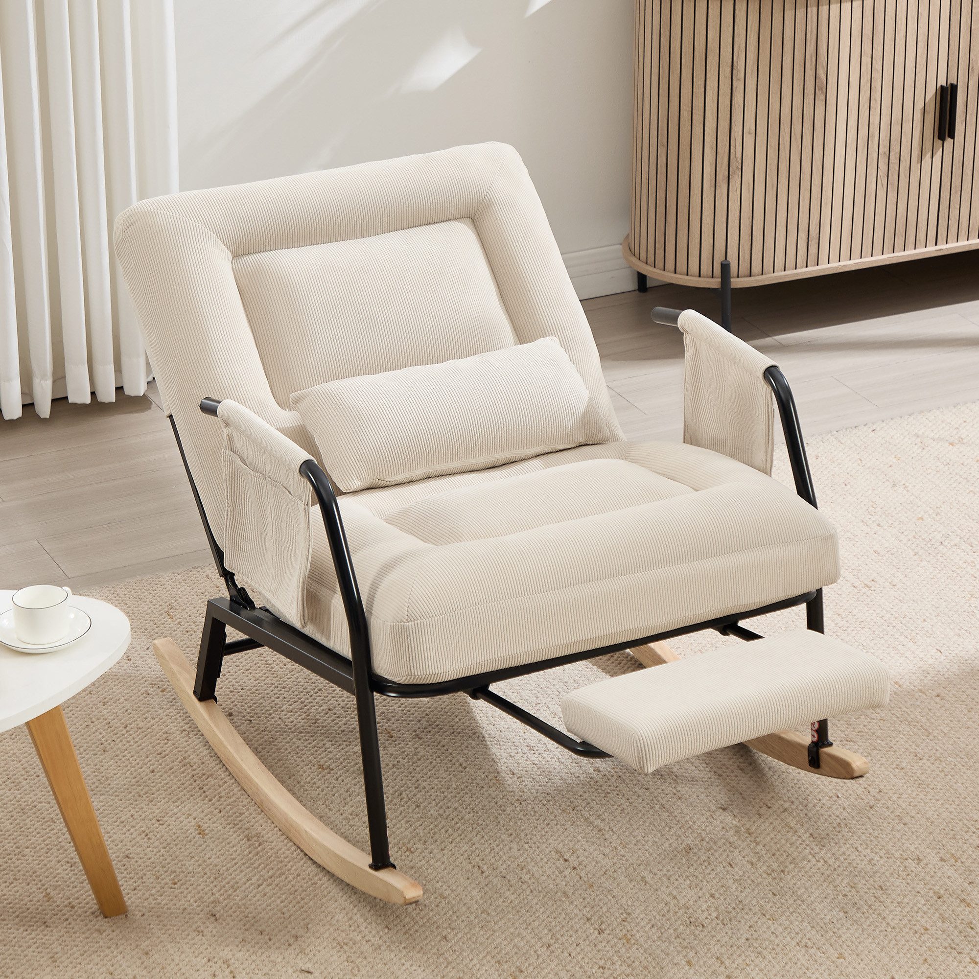 Bonzy Home Relaxsessel Schaukelstuhl mit Fußstütze, Verstellbarer Relaxsessel, 3-stufig verstellbarer Schaukelstuhl mit Seitentasche und Kissen