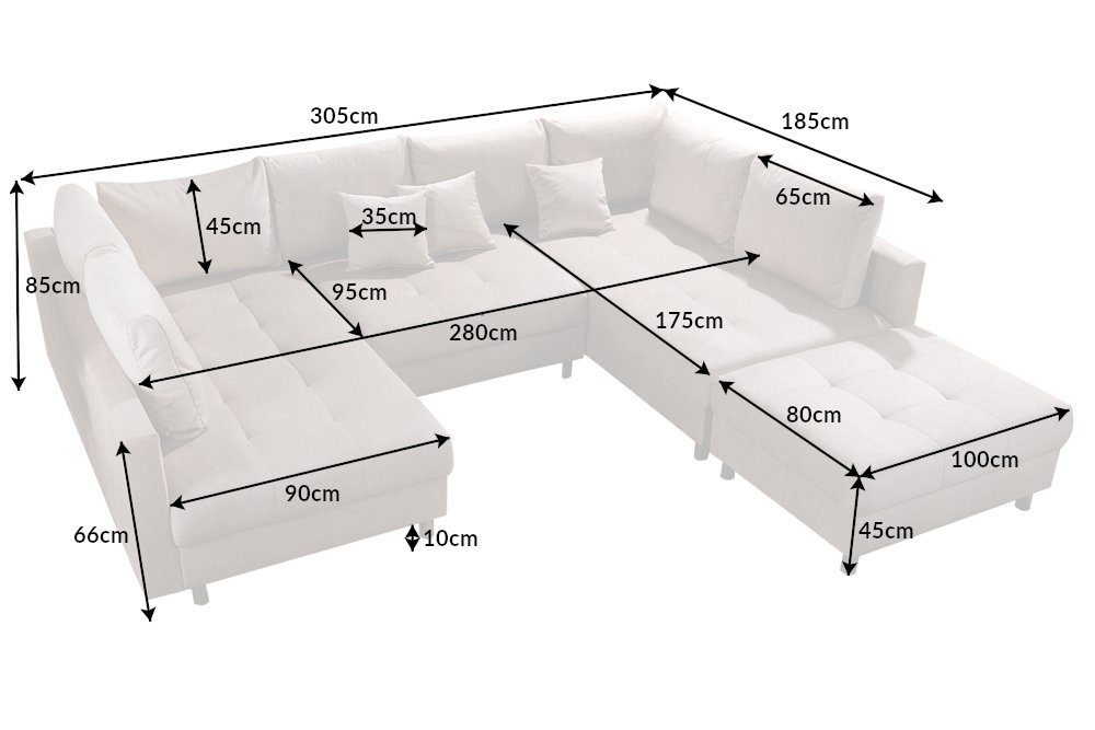 riess-ambiente Wohnlandschaft KENT 305cm grün/schwarz- inkl. Hocker & Kissen, Cord, Rundumbezug, FSC, Einzelartikel 1 Teile, XXL Couch in U-Form - ideal für große Wohnzimmer & Wohnbereiche