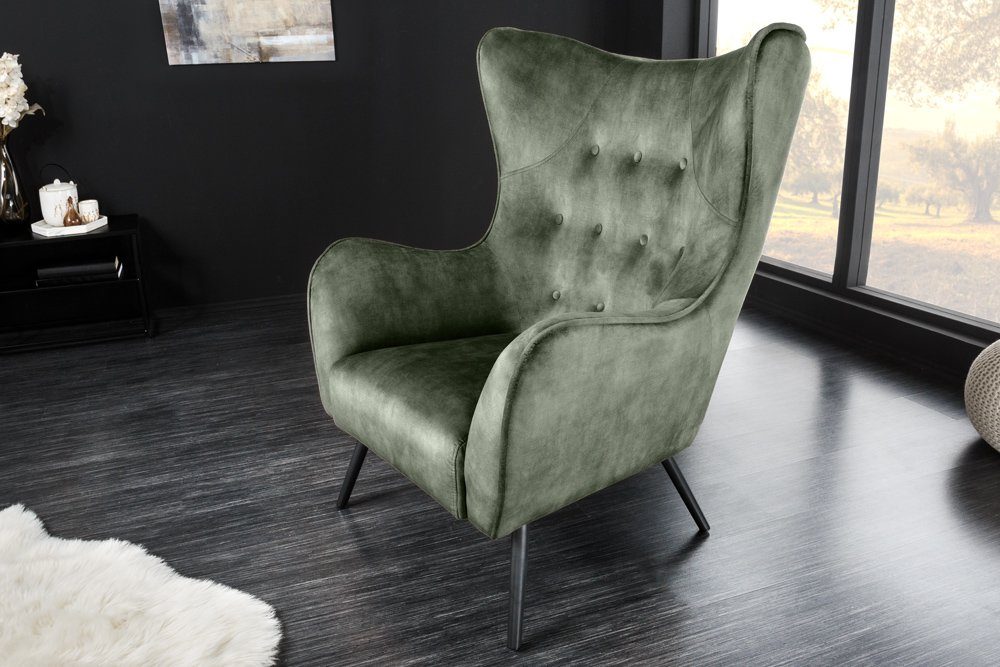 Relax · grün XL · grün · · Wohnzimmer grün | Schlafzimmer Metall Samt AMSTERDAM (Einzelartikel, Design schwarz riess-ambiente / · Ohrensessel · Retro 1-St),