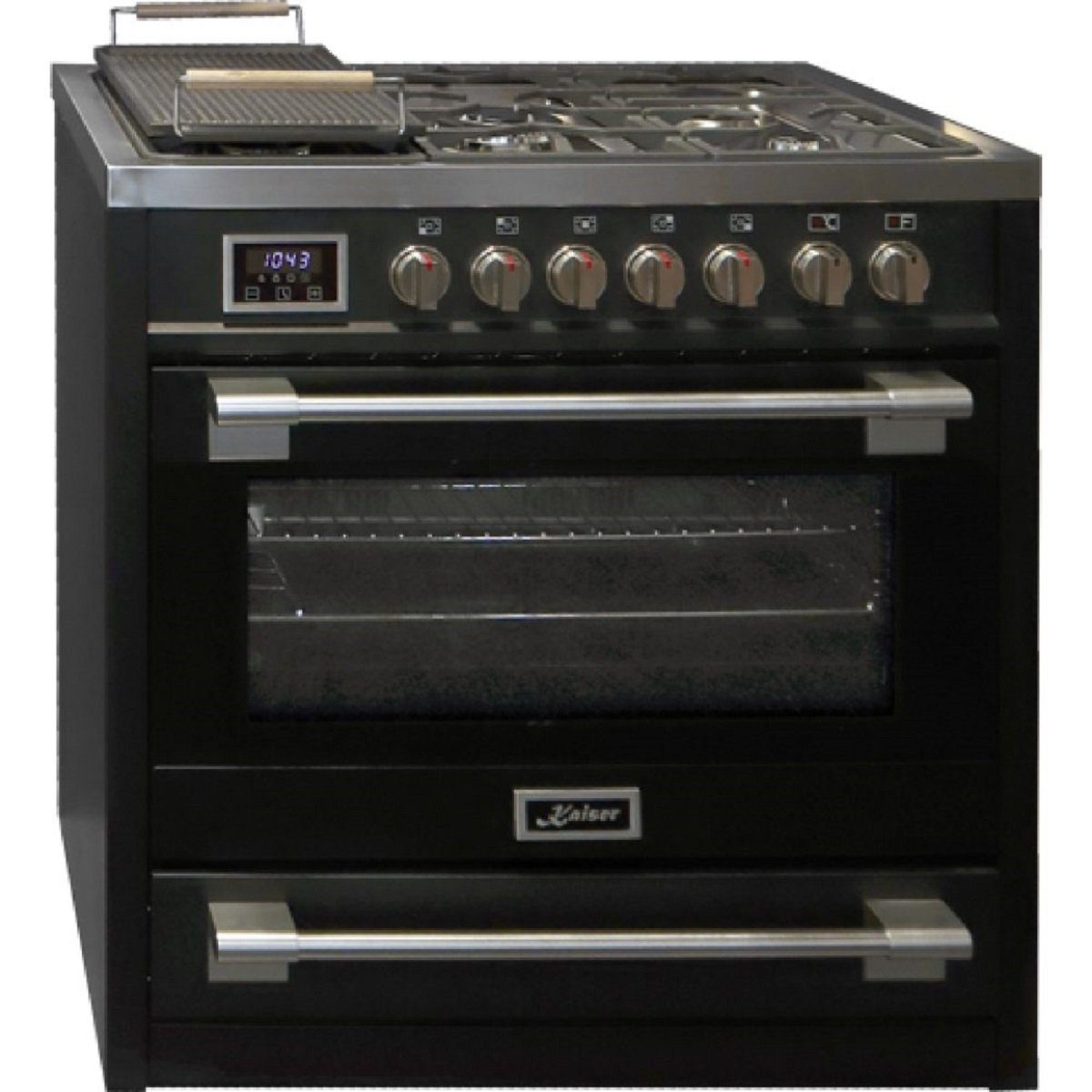 Kaiser Küchengeräte Gas-Standherd 90 cm, schwarz, Range Coocker mit Gas-Kochfeld HGE 93505 s/4, mit 1-fach-Teleskopauszug, Gas Elektro Standherd 90 cm Range Coocker inkl. Gusseisen-Grillplatte