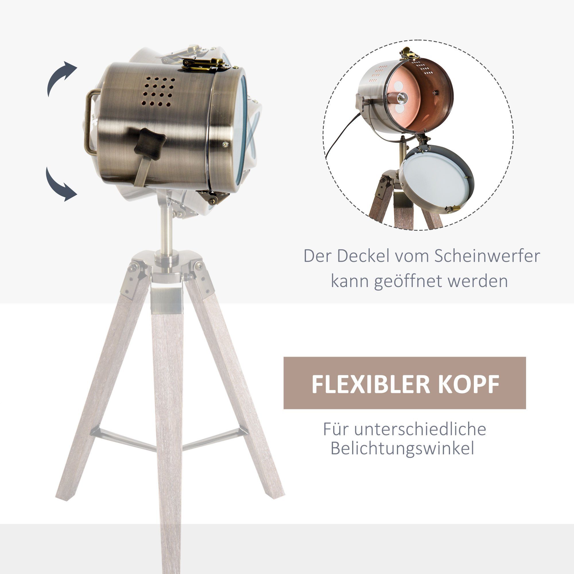 HOMCOM Tripodlampe Stehlampe Dreibein E14, Tischleuchte, E14 Retroleuchte Scheinwerfer