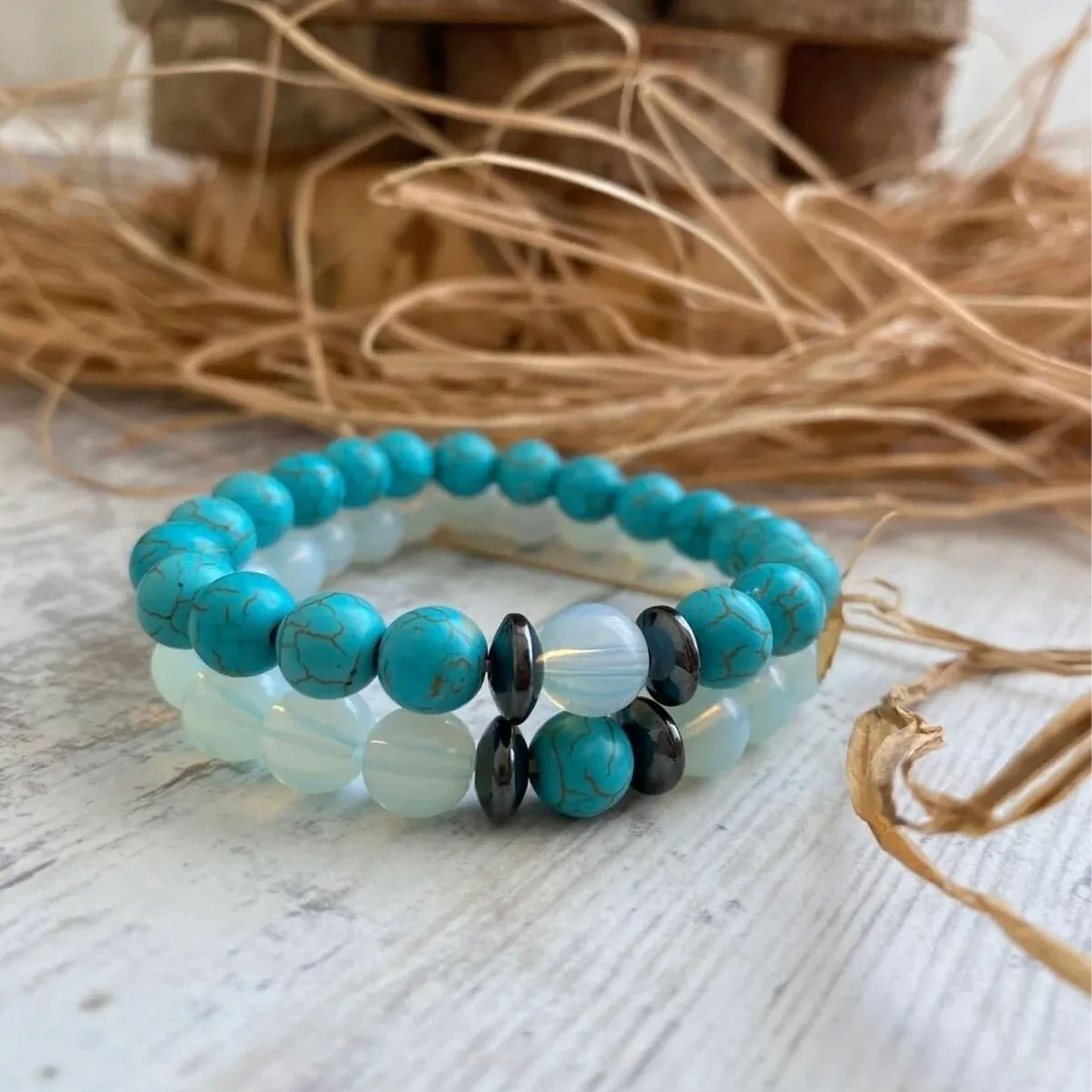 Jungengel Armband Set Naturstein Türkis Opal Partnerarmband Perlen Stretch Unisex Schmuck (Mehrteiliges Set, 2-tlg., 2 Armbänder im Set), 2er Set, Inkl. Holz Geschenkbox, Natursteinoptik, Perlen-Design