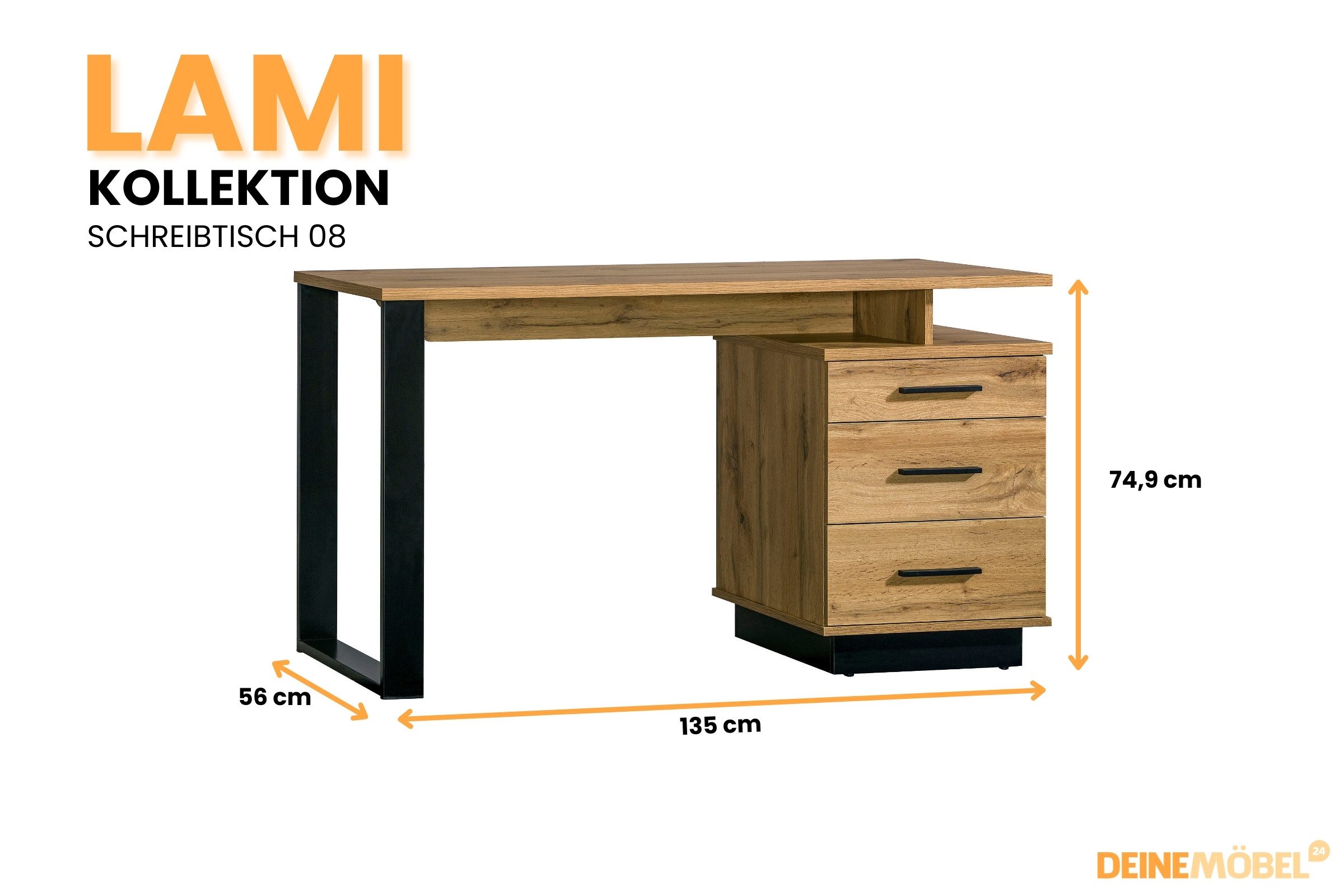 Deine Möbel 24 Schreibtisch LAMI 8 Kinderschreibtisch 135 cm mit 3 Schubladen & 2 Fächern (Stil: Loft / Industrial / Scandi, 1-St., LAMI - Kollektion), Bürotisc – Bild 2 von 5