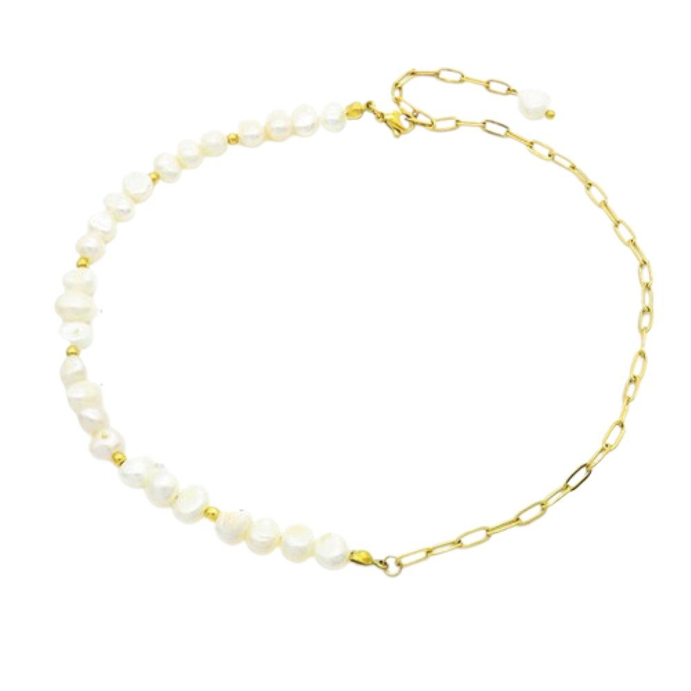 Ketten-Set Mixkette Perlen und ovale Glieder aus Edelstahl Unisex - Gold