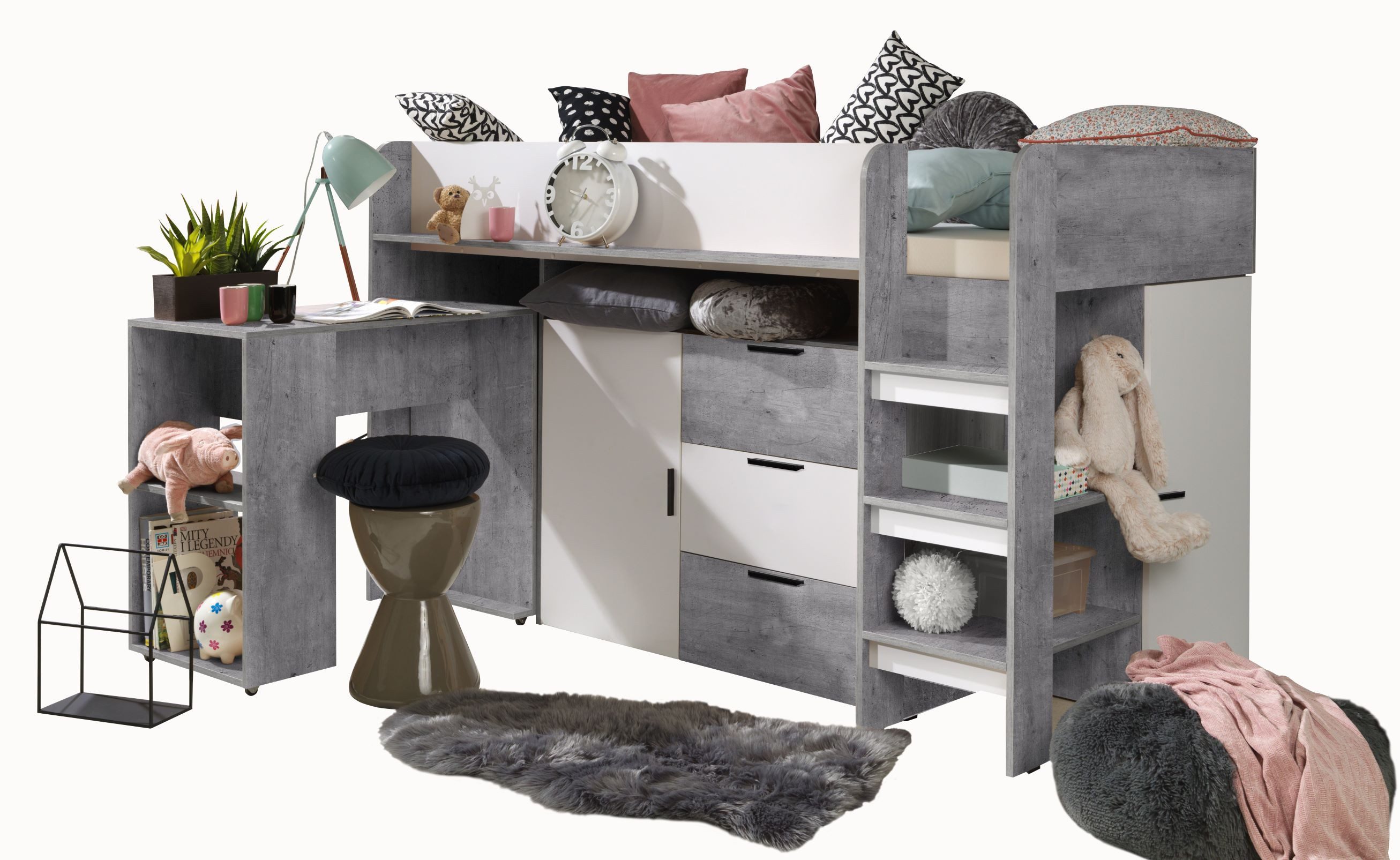 ABIKS MÖBEL Hochbett KONKRET 1 Etagenbett für Jugendliche mit Schreibtisch, Kleiderschrank