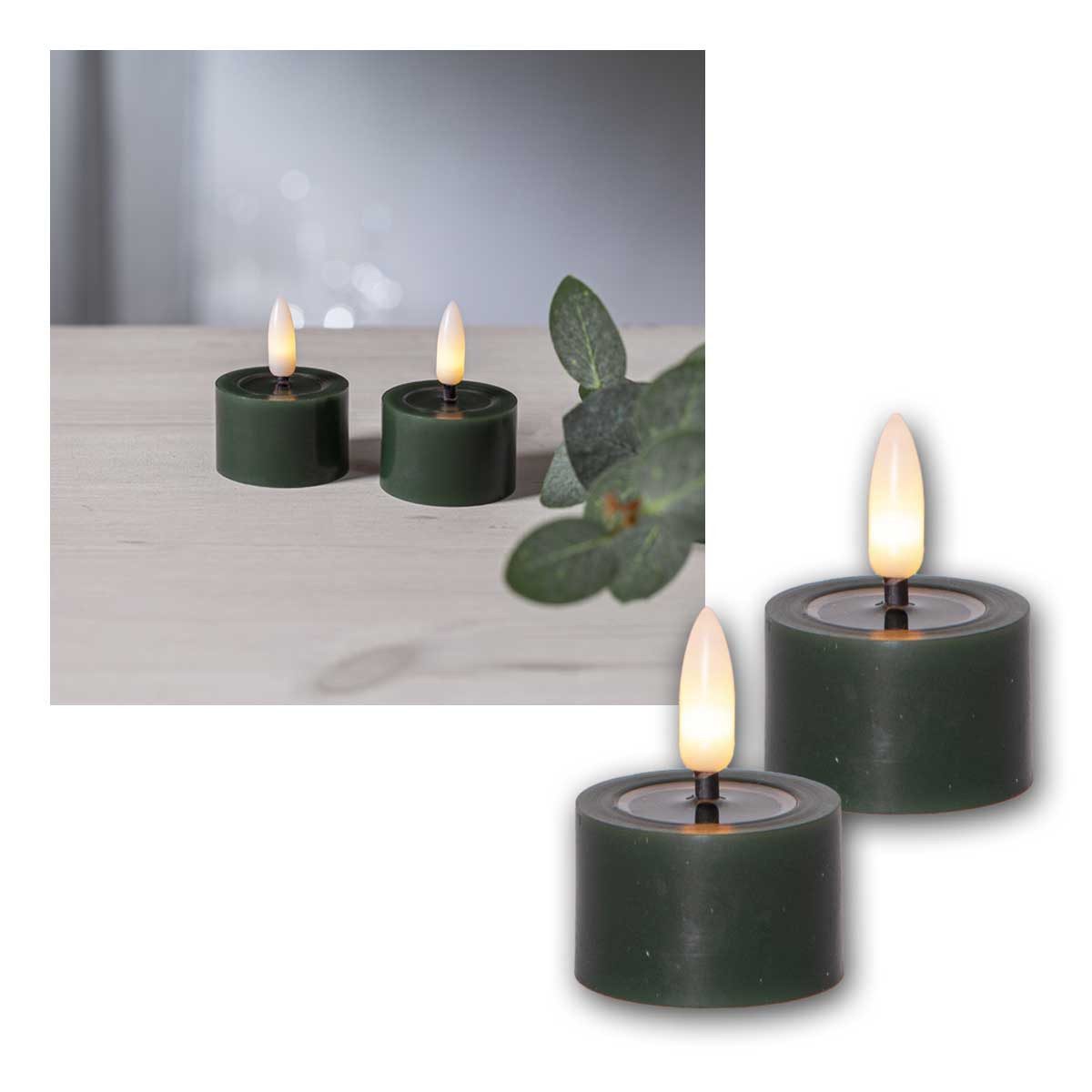 STAR TRADING LED-Kerze LED Teelicht FLAMME FLOW M dunkelgrü Timer 2er Set