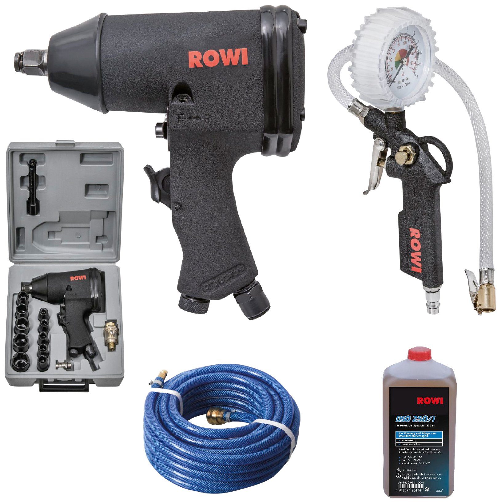 ROWI Druckluftwerkzeug Druckluft KFZ Reifenfüllmessgerät, 4-tlg., mit Gewebeschlauch, Druckluft-Werkzeugöl 250 ml