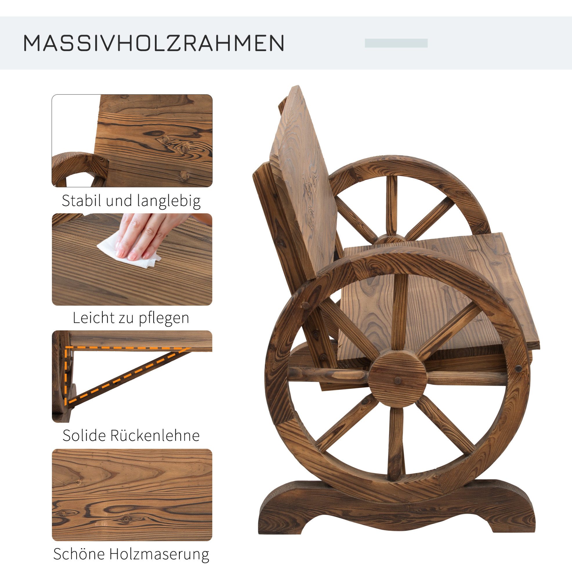 REDOM Gartenbank 2-Sitzer 114x58x80 cm Braun rustikale Sitzbank aus Holz (Packung, 1-St., Robuste Outdoor Sitzbank bis 250kg für Terrasse und Hof Gestaltung), Dekorative Bank im Wagenrad-Stil mit Armlehnen für Gartenbereich