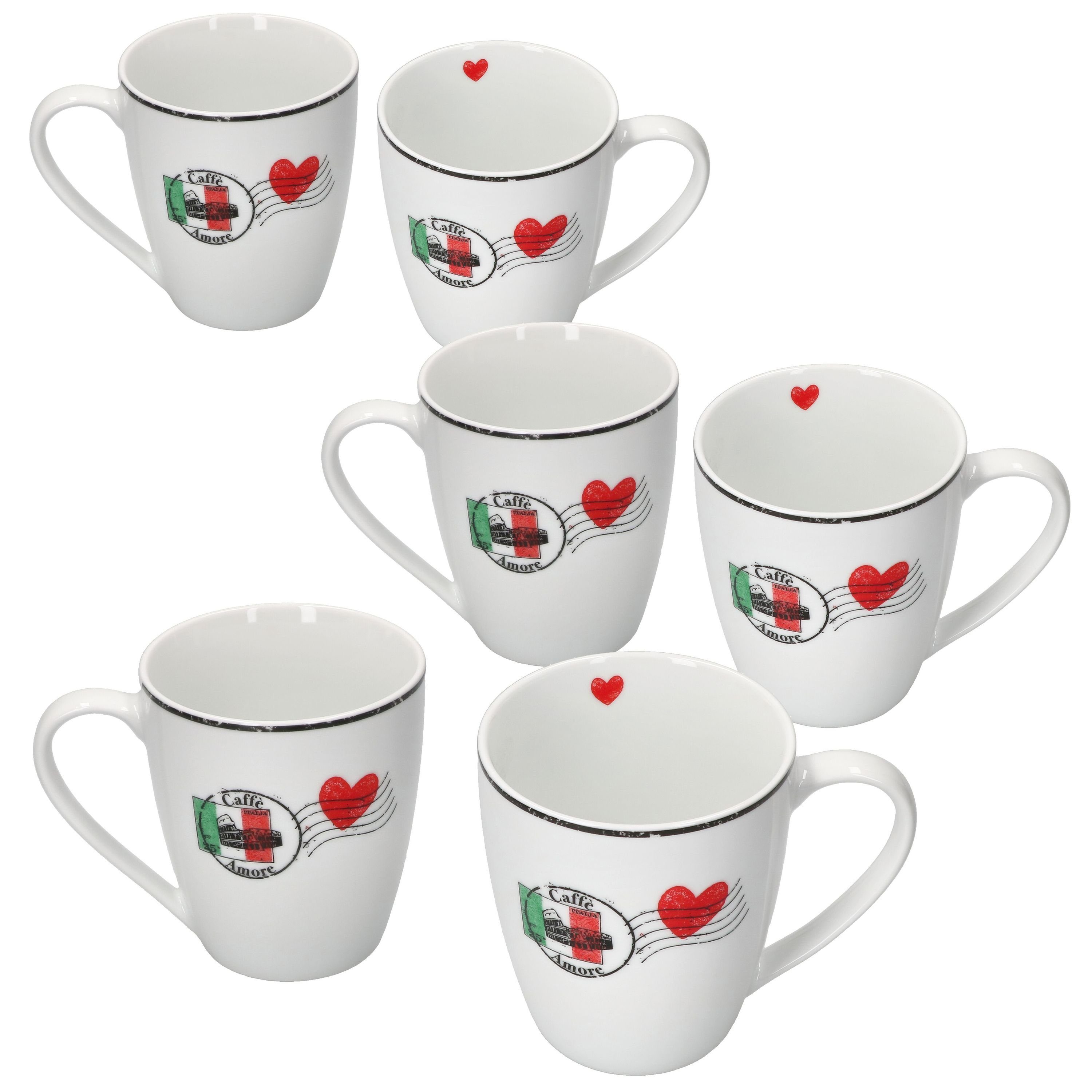 MamboCat Becher Caffee Amore 6er Set Kaffeebecher 300ml Tee-Tasse Pott Herz Mug Tea, Porzellan