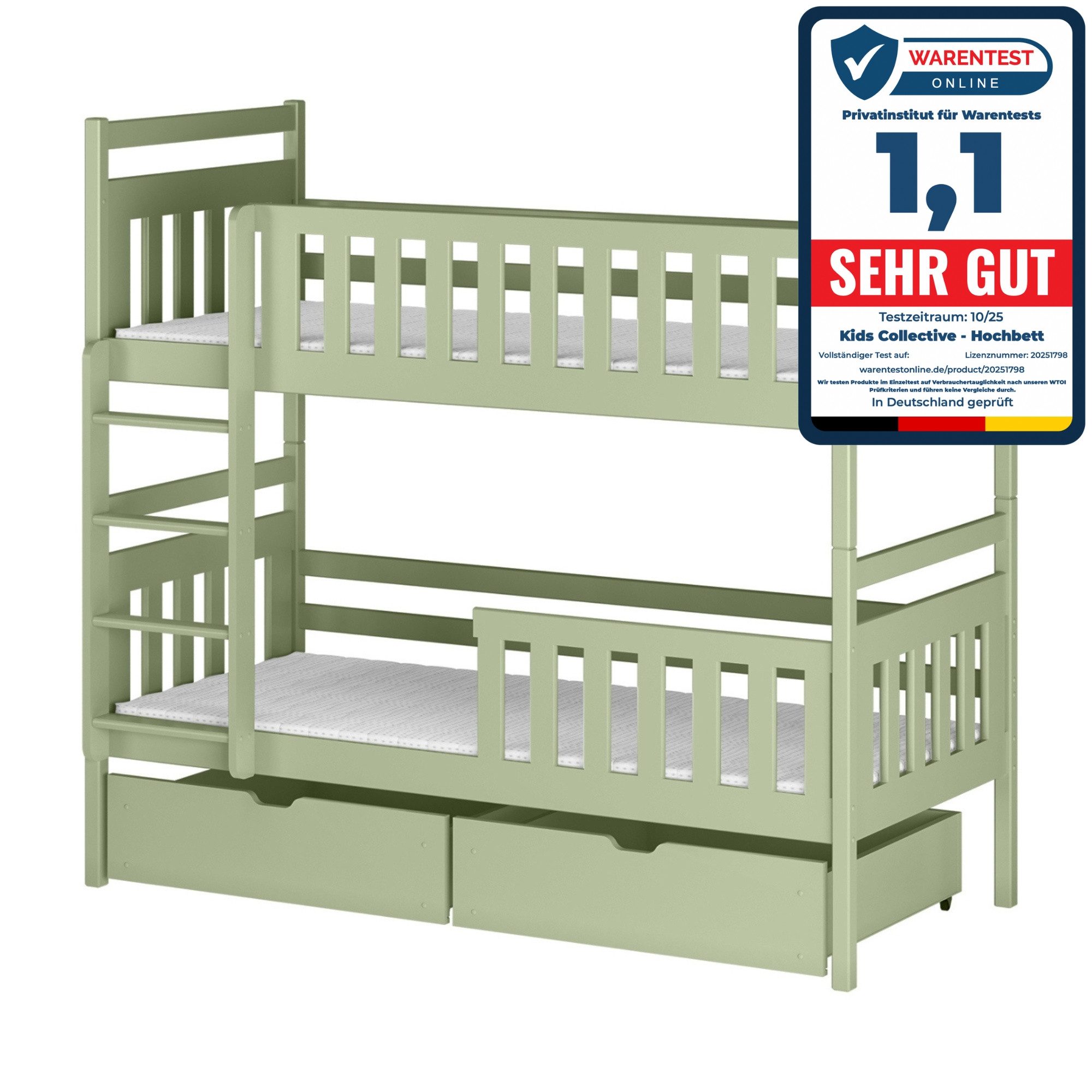 Kids Collective Hochbett 80x180, 90x200 cm mit 2 Schubladen Kinderbett mit Rausfallschutz Lattenrost, umbaubar in 2 Kinderbetten, Vollholz, Olivgrün, 200x90 cm