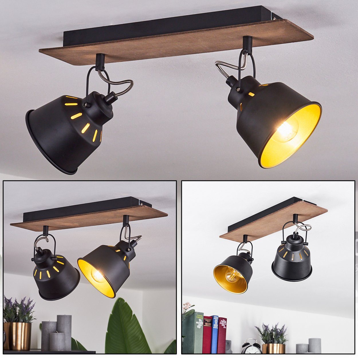 hofstein Deckenleuchte »Rimini« verstelllbare Deckenlampe, Metall/Holz, Schwarz/Chromfarben, ohne Leuchtmittel, E14en, Moderne Leuchte, dunkelbraun, Goldfarben